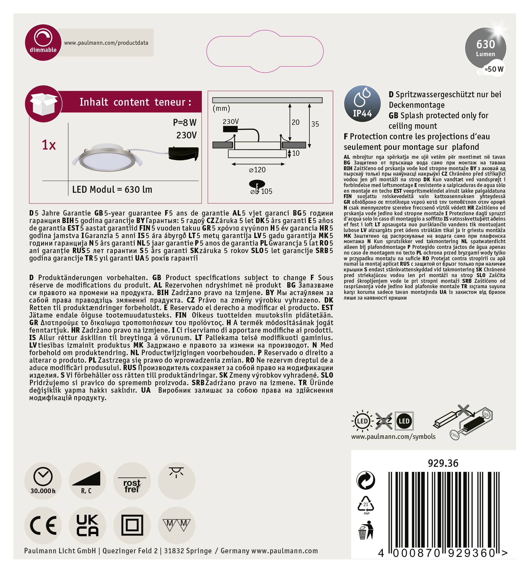 Paulmann Areo LED-Bad-Einbaupanel LED LED fest eingebaut 8W IP44 Nickel (matt)