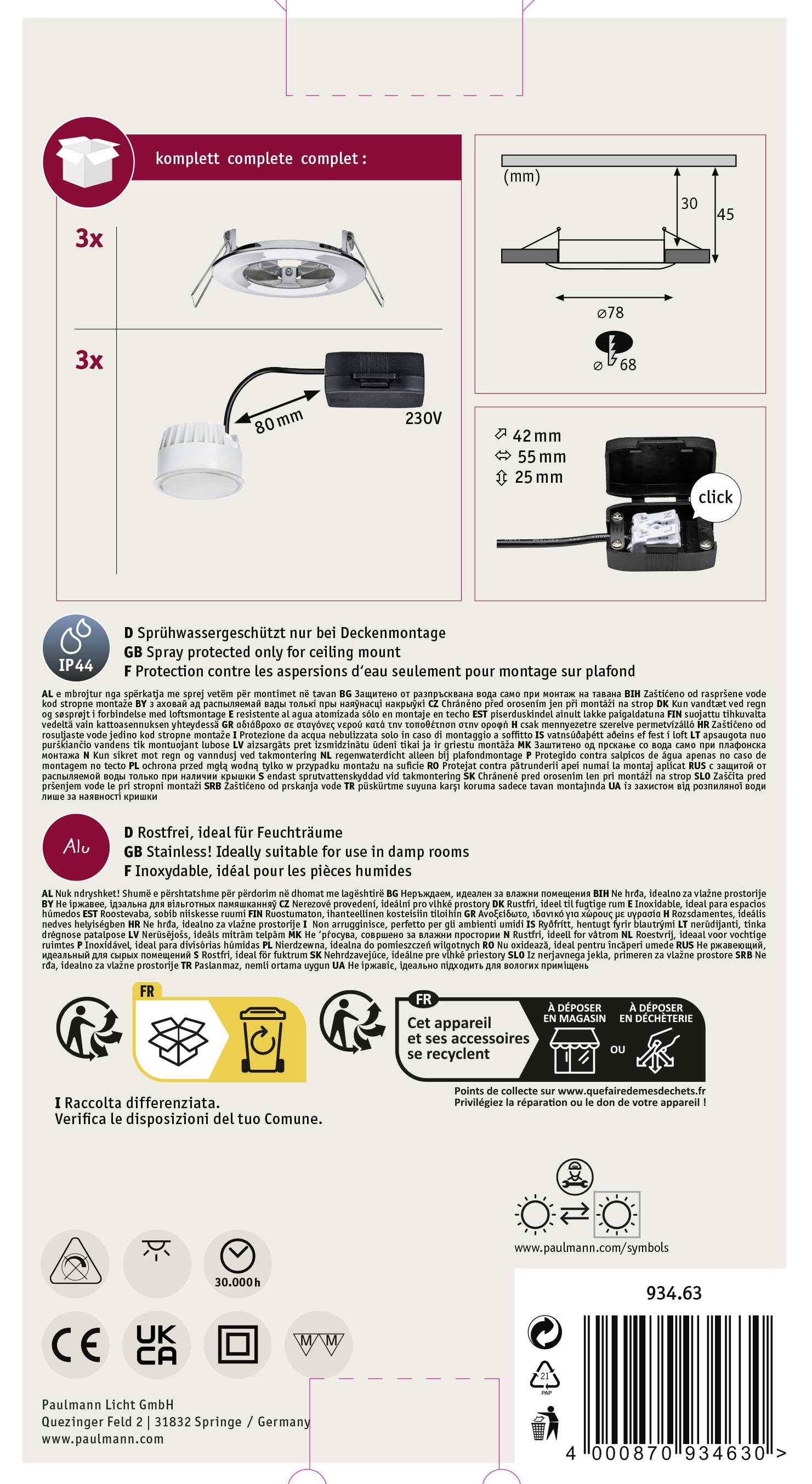Paulmann Nova Bad-Einbauleuchte 3er Set LED LED 18W IP44 Chrom (glänzend)