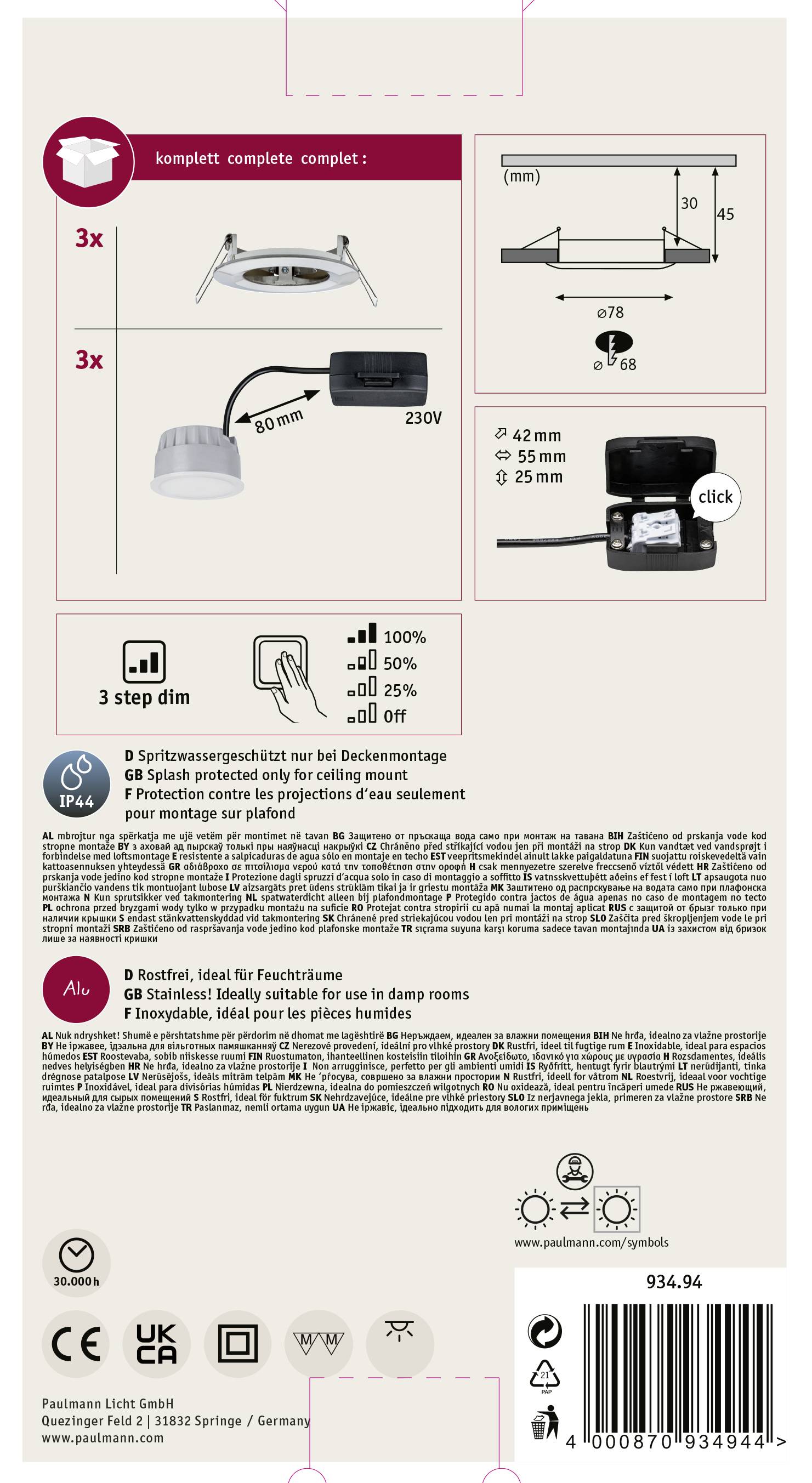 Paulmann Nova Bad-Einbauleuchte 3er Set LED LED 18W IP44 Eisen (gebürstet)