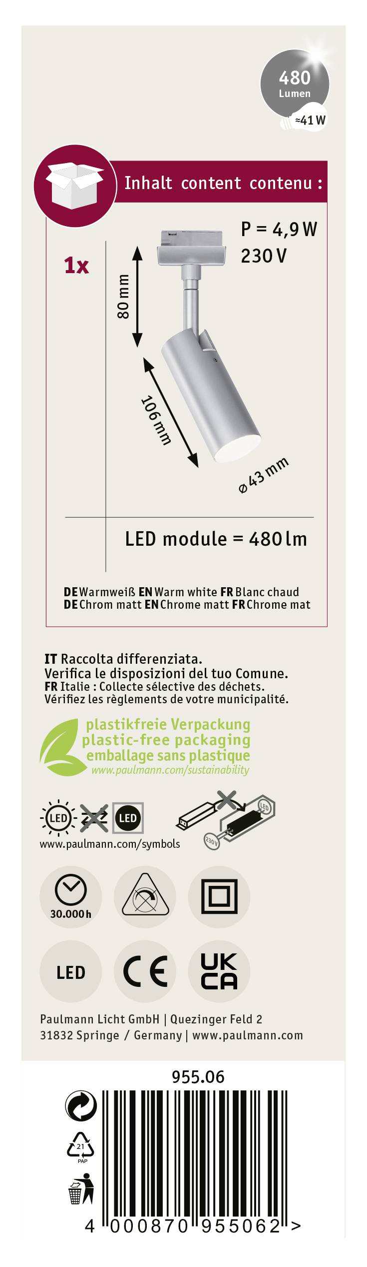 Paulmann Tubo Hochvolt-Schienensystem-Leuchte URail LED fest eingebaut 5W LED Chrom (matt)