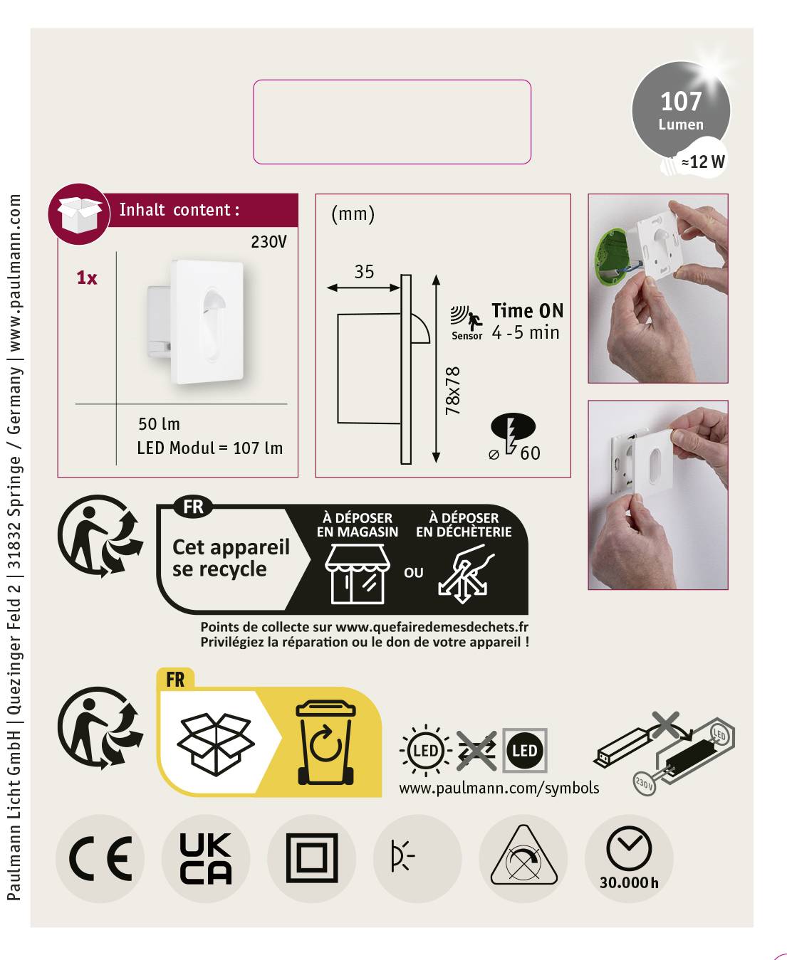 Paulmann 92923 LED-Einbauleuchte mit Bewegungsmelder LED LED fest eingebaut 2.7W Weiß (glänzend)
