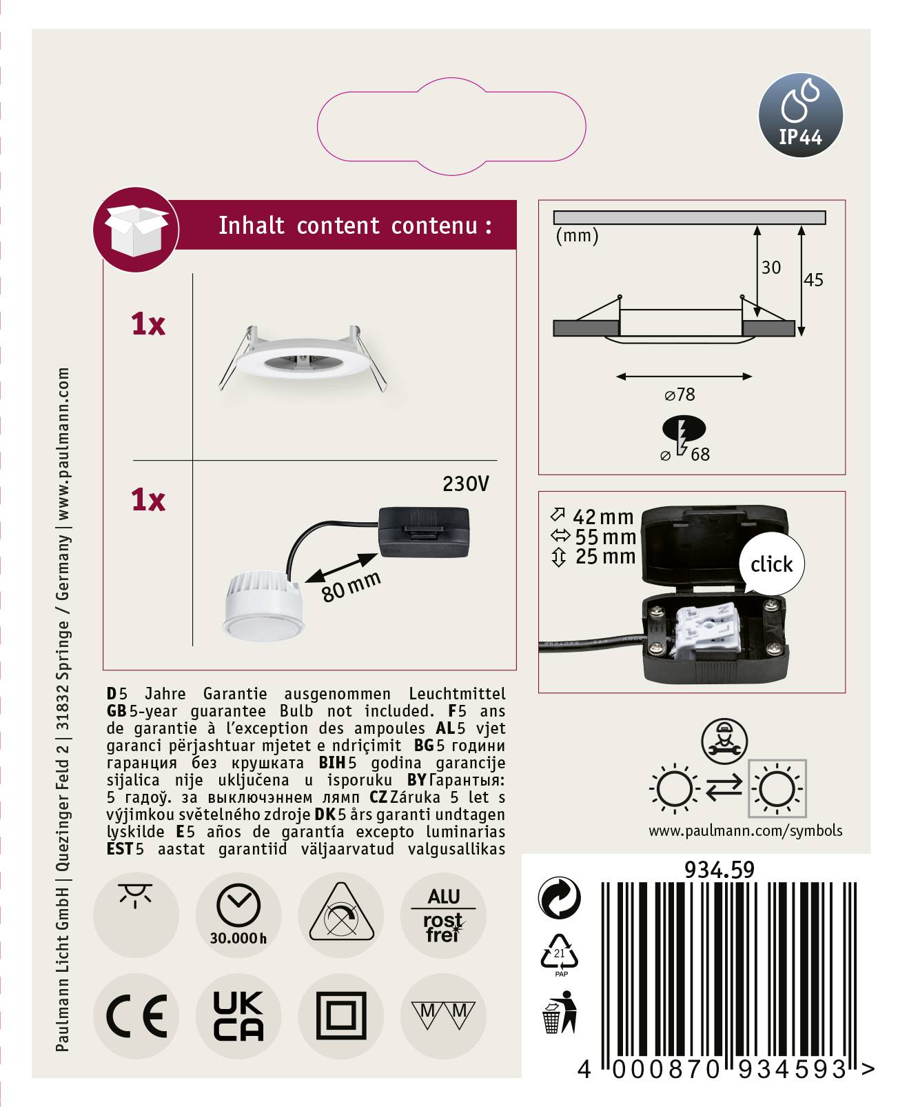Paulmann Nova Bad-Einbauleuchte LED LED 6W IP44 Weiß (matt)