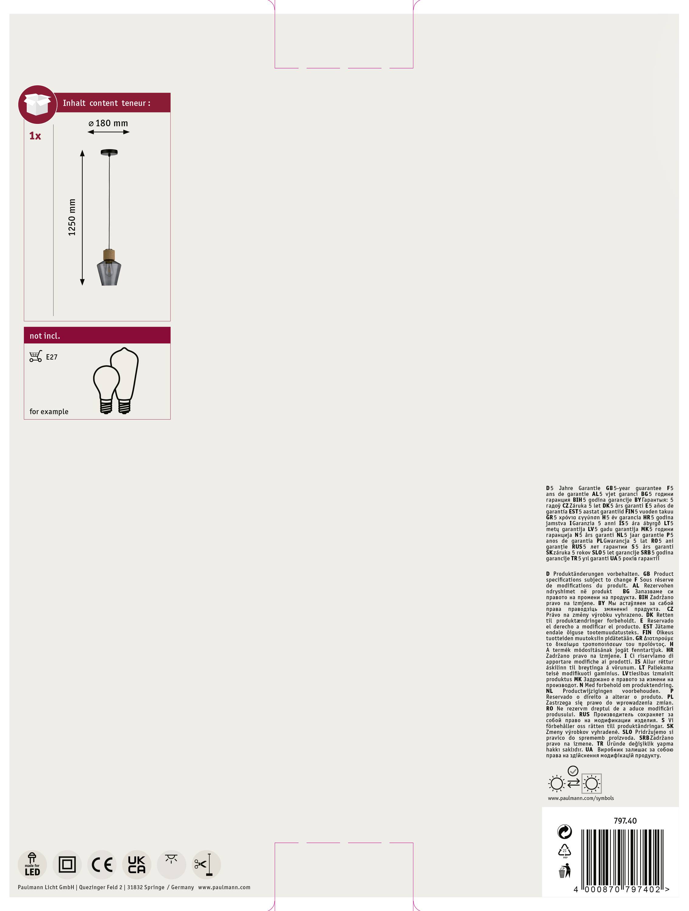 Paulmann Edla 79740 Pendelleuchte LED E27 20W Schwarz, Kork, Rauch