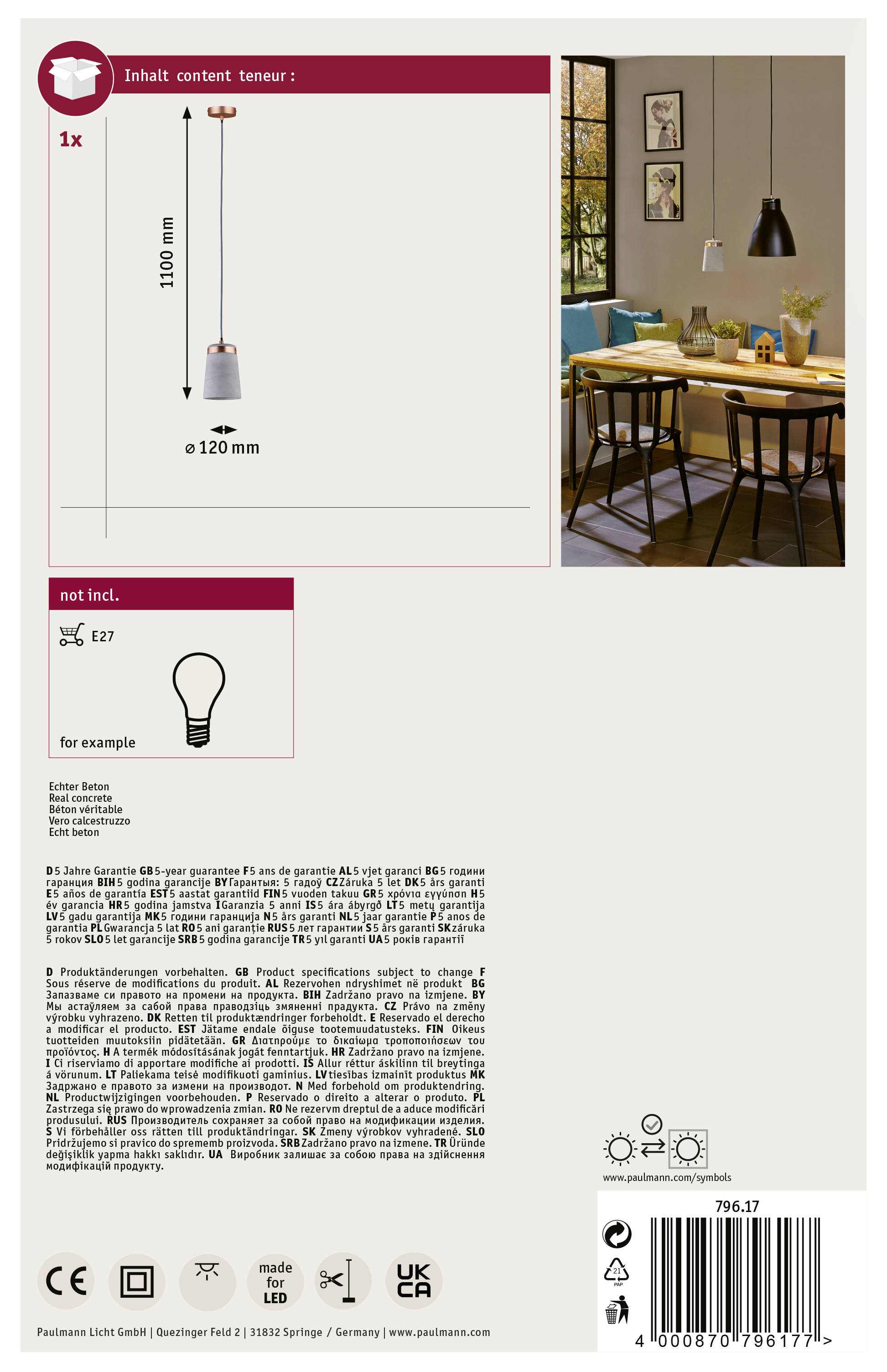 Paulmann Neordic Stig 79617 Pendelleuchte LED E27 20 W Beton-Grau, Kupfer matt