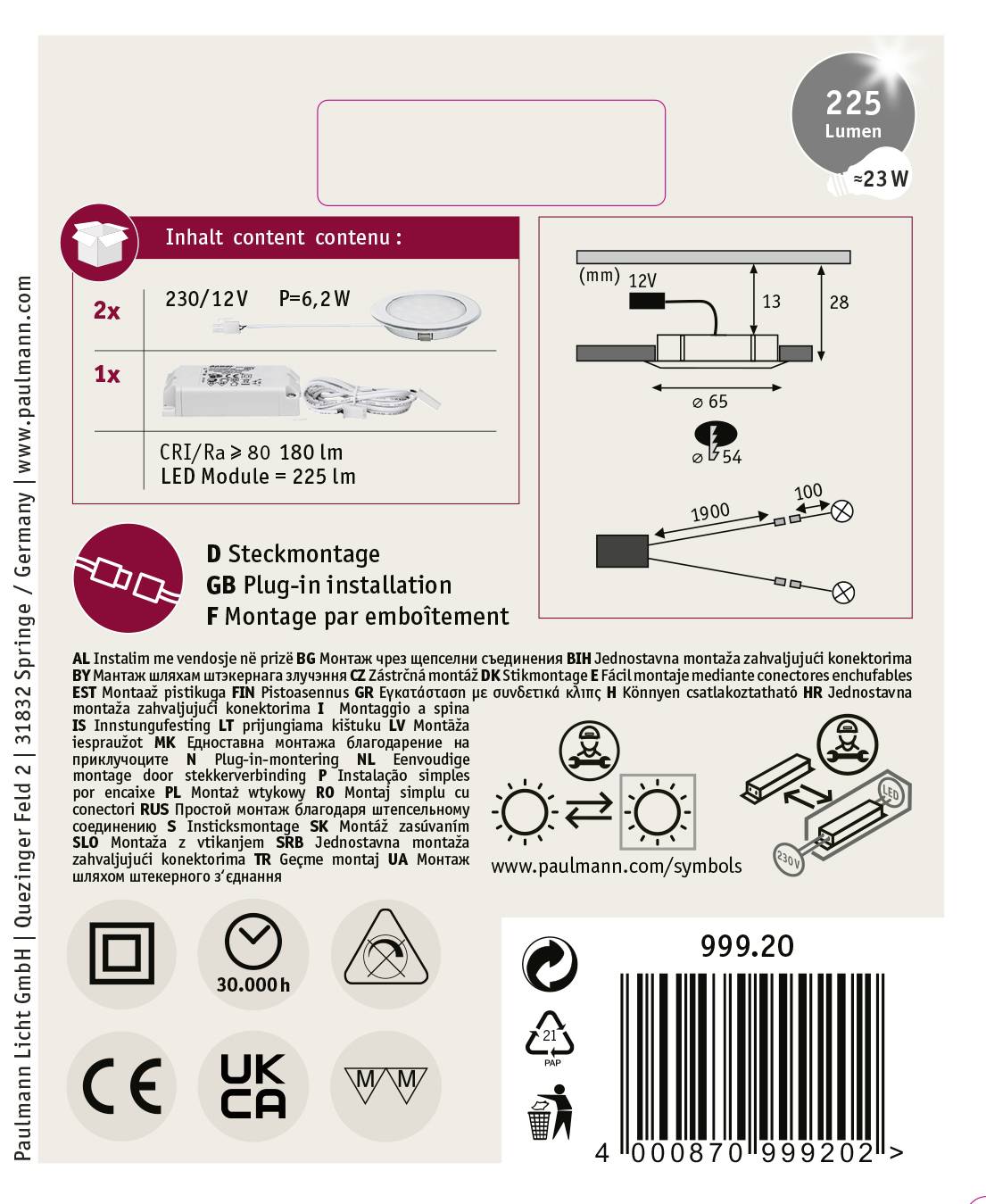 Paulmann 99920 LED-Einbauleuchte 2er Set LED LED fest eingebaut 5W Chrom (glänzend)