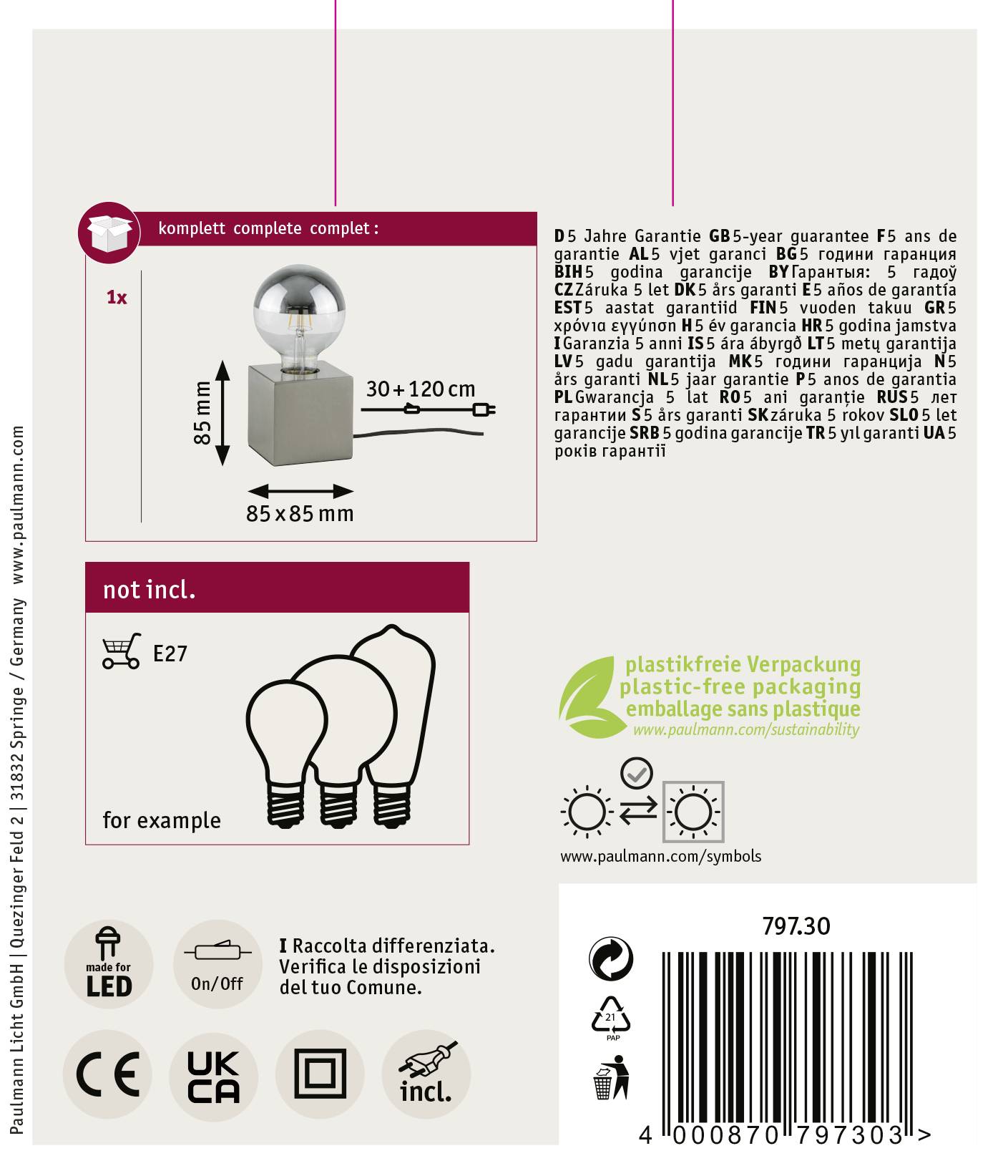 Paulmann Kura 79730 Tischlampe LED E27 20W Edelstahl (gebürstet)
