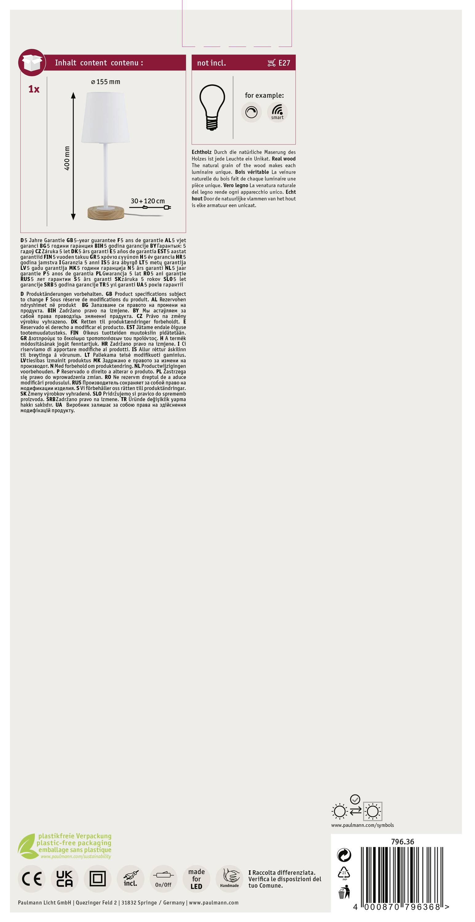 Paulmann Neordc Stellan 79636 Tischlampe LED E27 20W Weiß, Holz