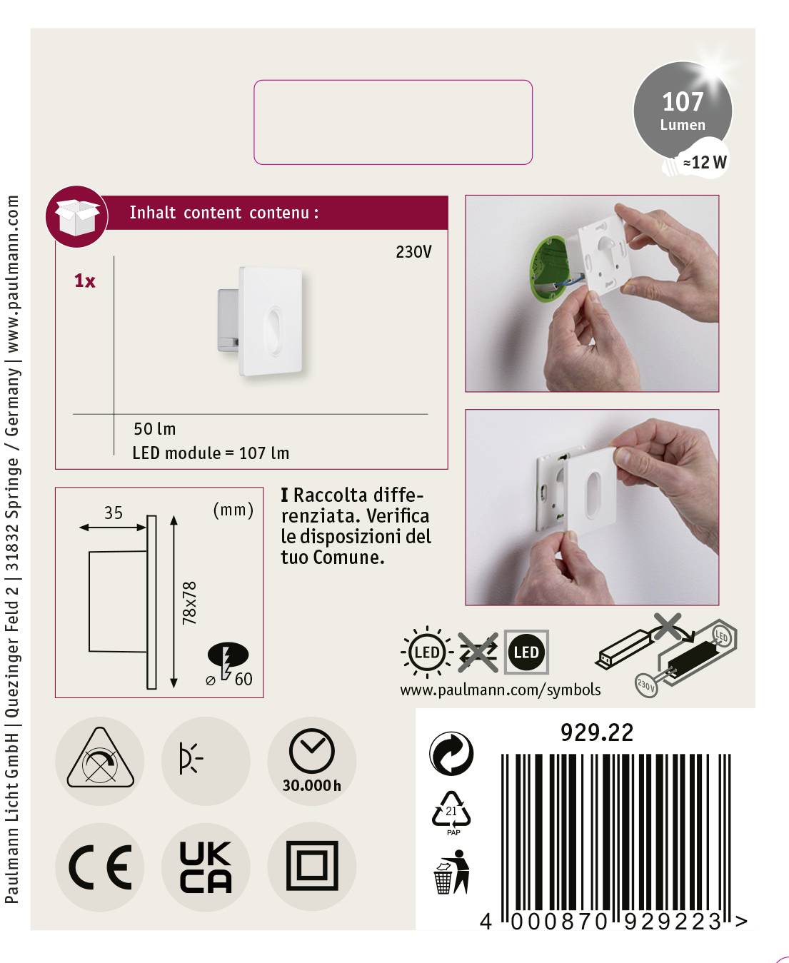 Paulmann 92922 LED-Einbauleuchte LED LED fest eingebaut 1.7W Weiß (glänzend)