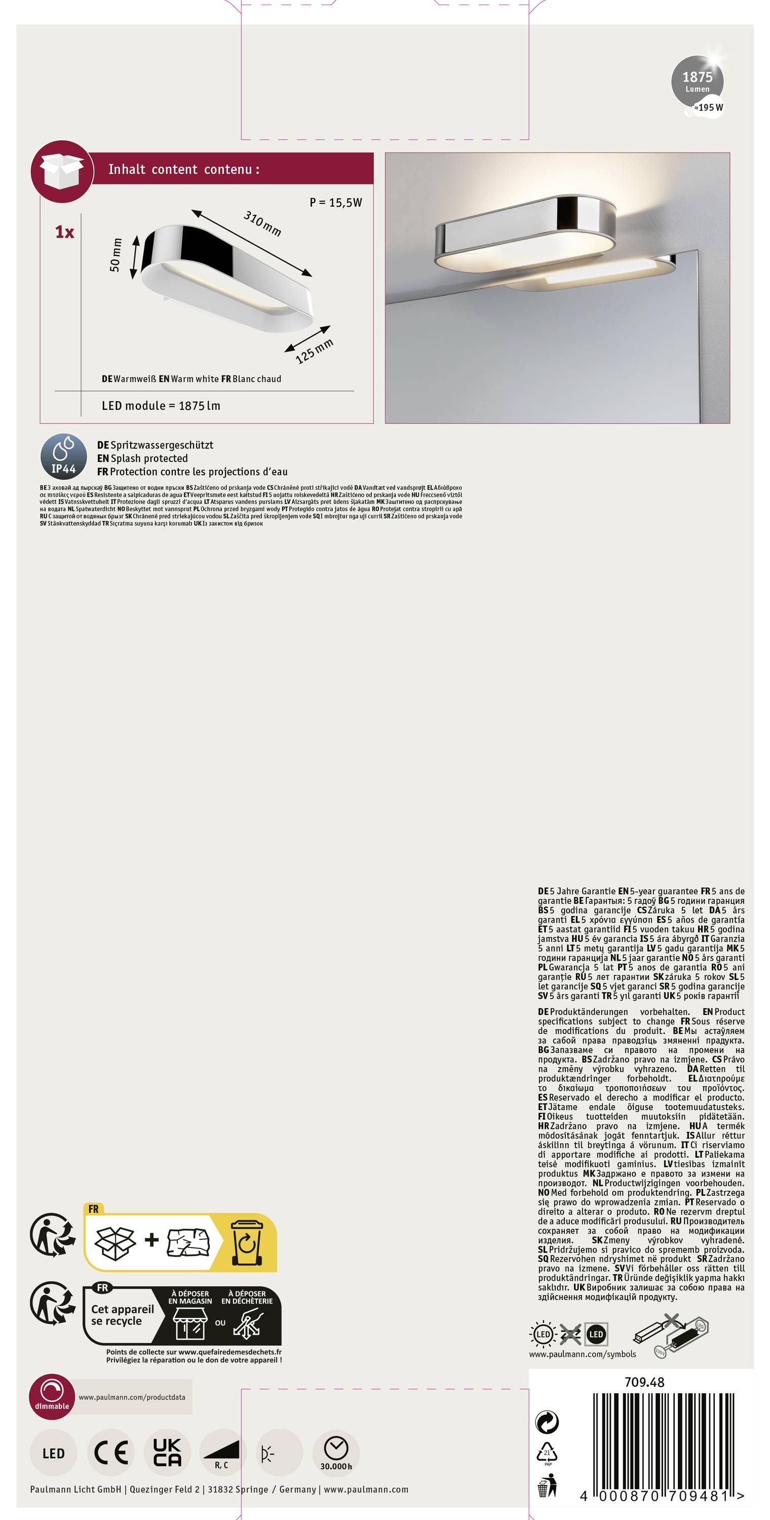 Paulmann Agena 70948 LED-Bad-Wandleuchte 20W Warmweiß Chrom, Weiß (matt)