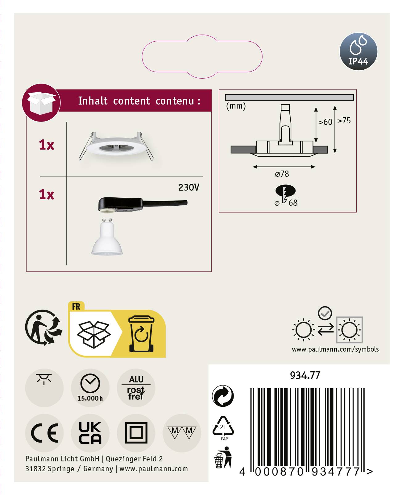 Paulmann Nova Bad-Einbauleuchte LED GU10 6.5W IP44 Weiß (matt)