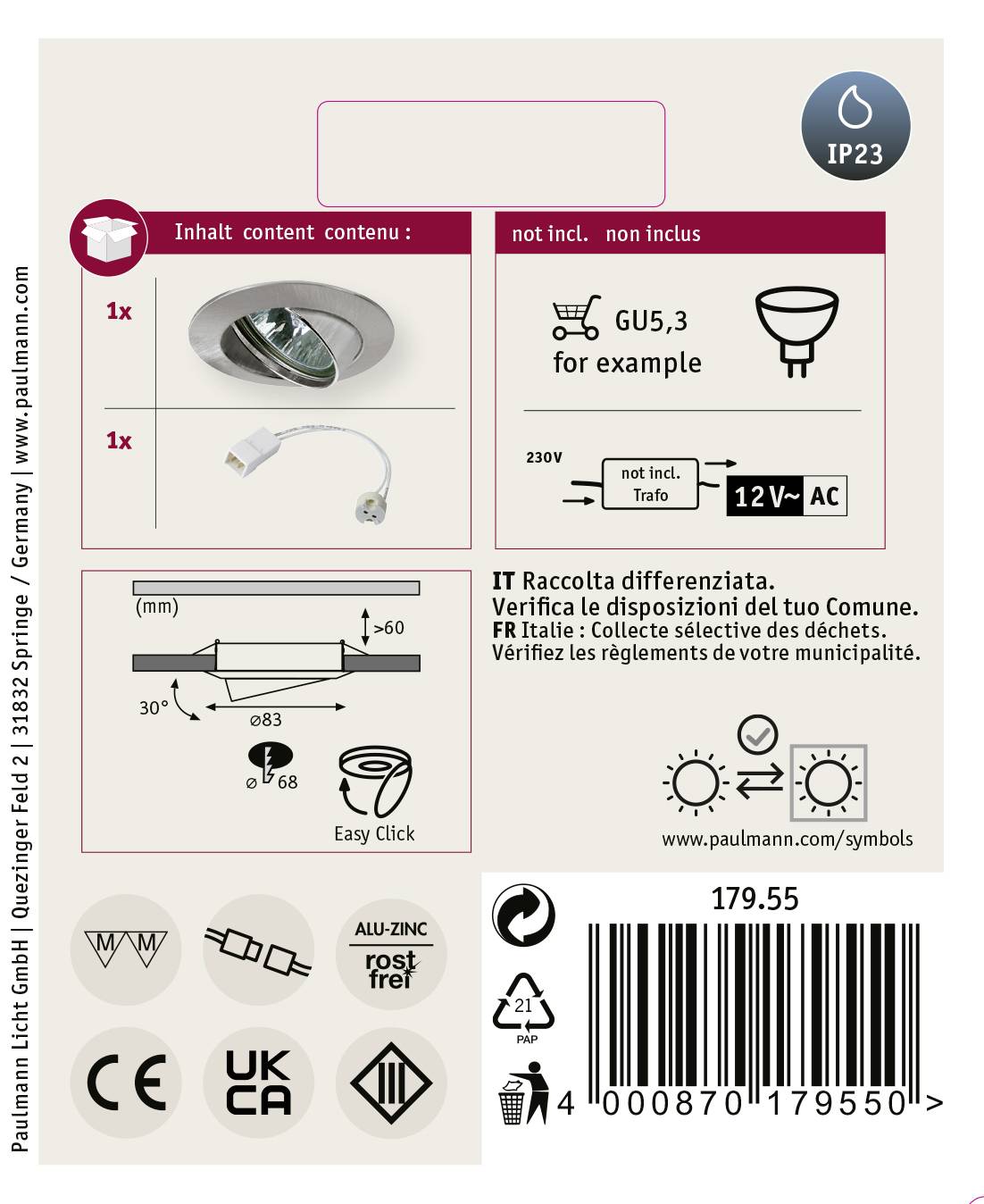 Paulmann 17955 Einbauleuchte LED GX5.3 50W Eisen (gebürstet)