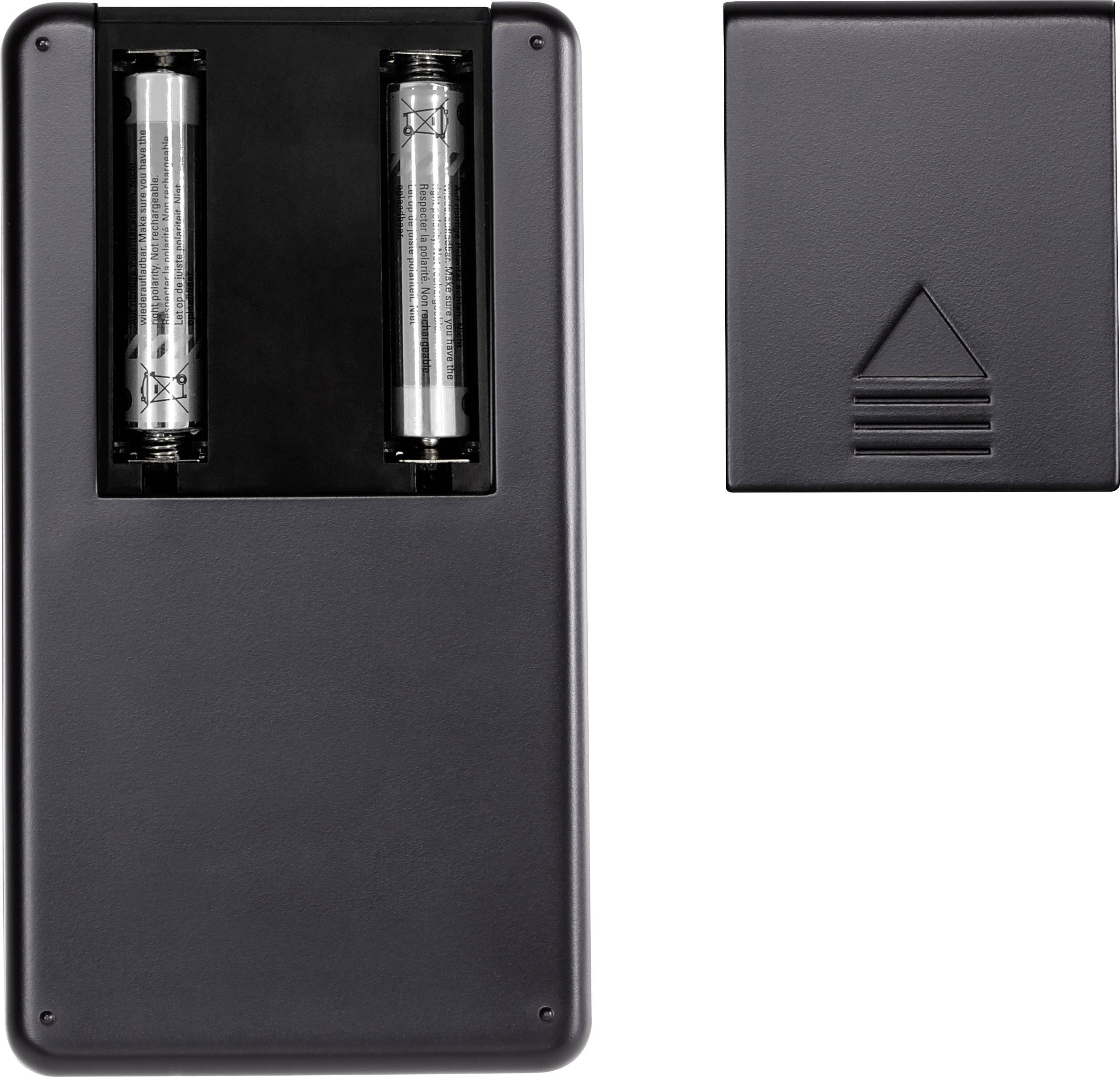 Rückseite einer Fernbedienung mit sichtbarem Batteriefach und zwei Batterien. Batteriefachabdeckung separat daneben platziert.