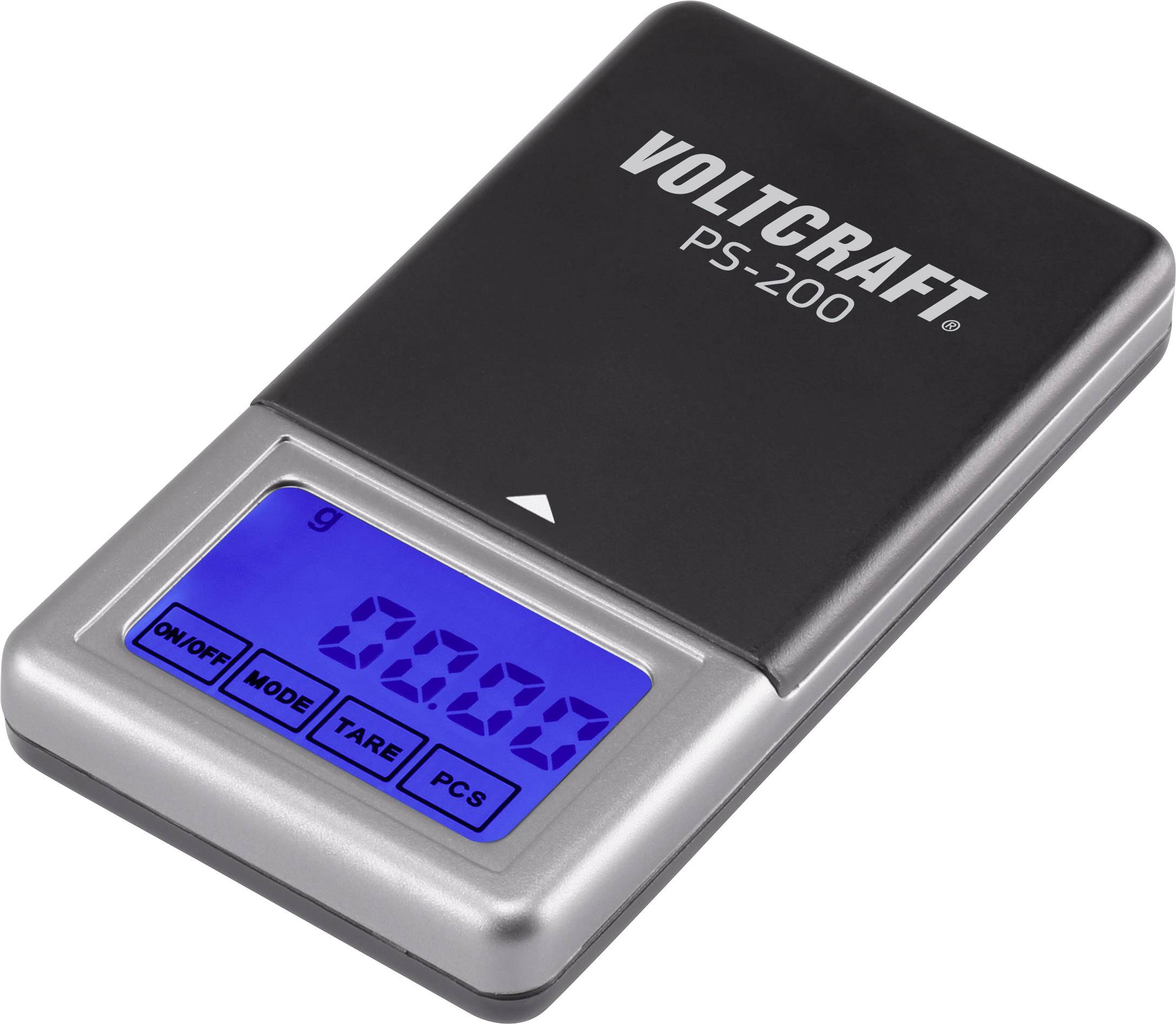 Digitale Taschenwaage 'Voltcraft PS-200' mit blau beleuchtetem Display, zeigt 0,00 g an. Tasten für ein/aus, Modus, Tara und Zählen.