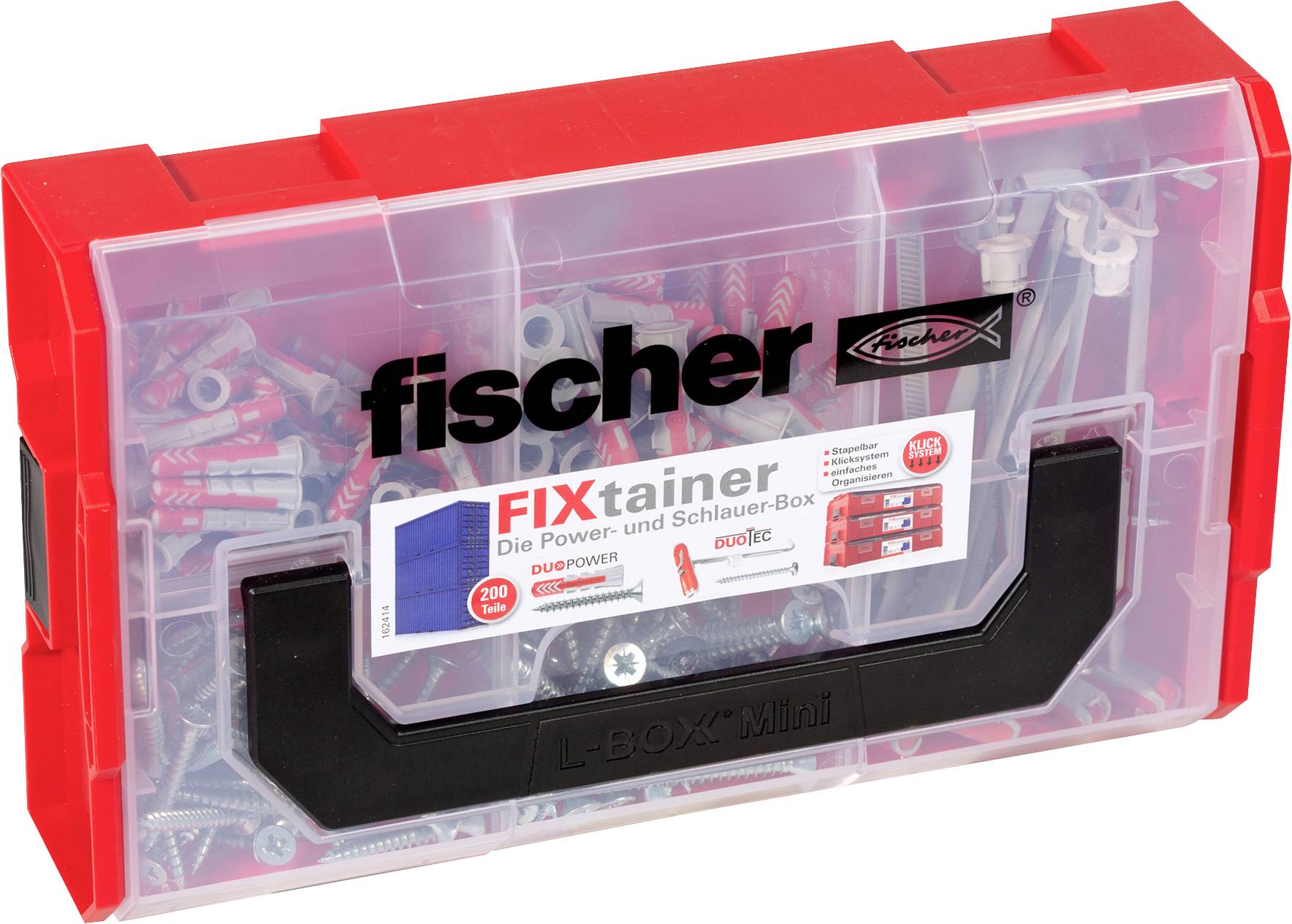 Rote Fischer Kunststoff-Aufbewahrungsbox mit der Bezeichnung 