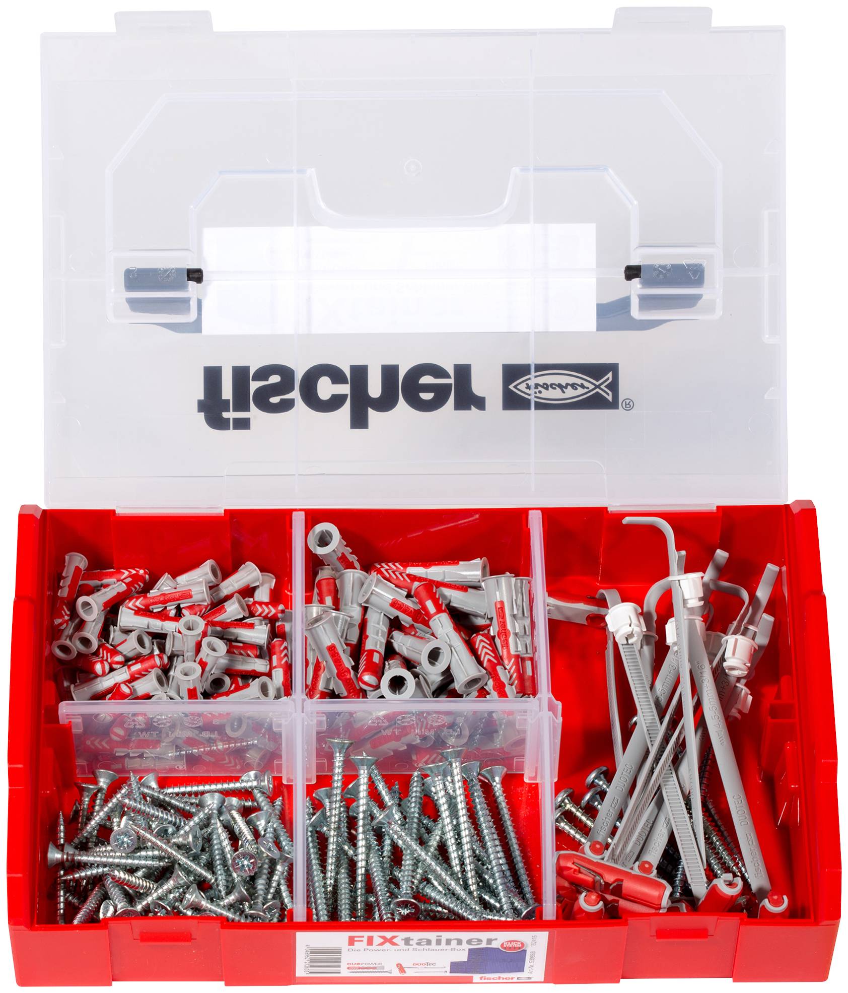 Offene rote Kunststoff-Organizer-Box mit transparentem Deckel, gefüllt mit assotierten Dübeln, Schrauben und Wandbefestigungen in unterteilten Fächern.