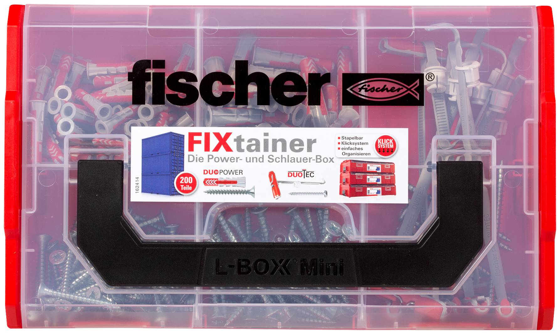 Durchsichtiger roter Fischer L-BOXX Mini Werkzeugkasten mit einem Etikett für „FIXtainer" und sichtbaren verschiedenen Schrauben und Befestigungsmaterialien im Inneren.