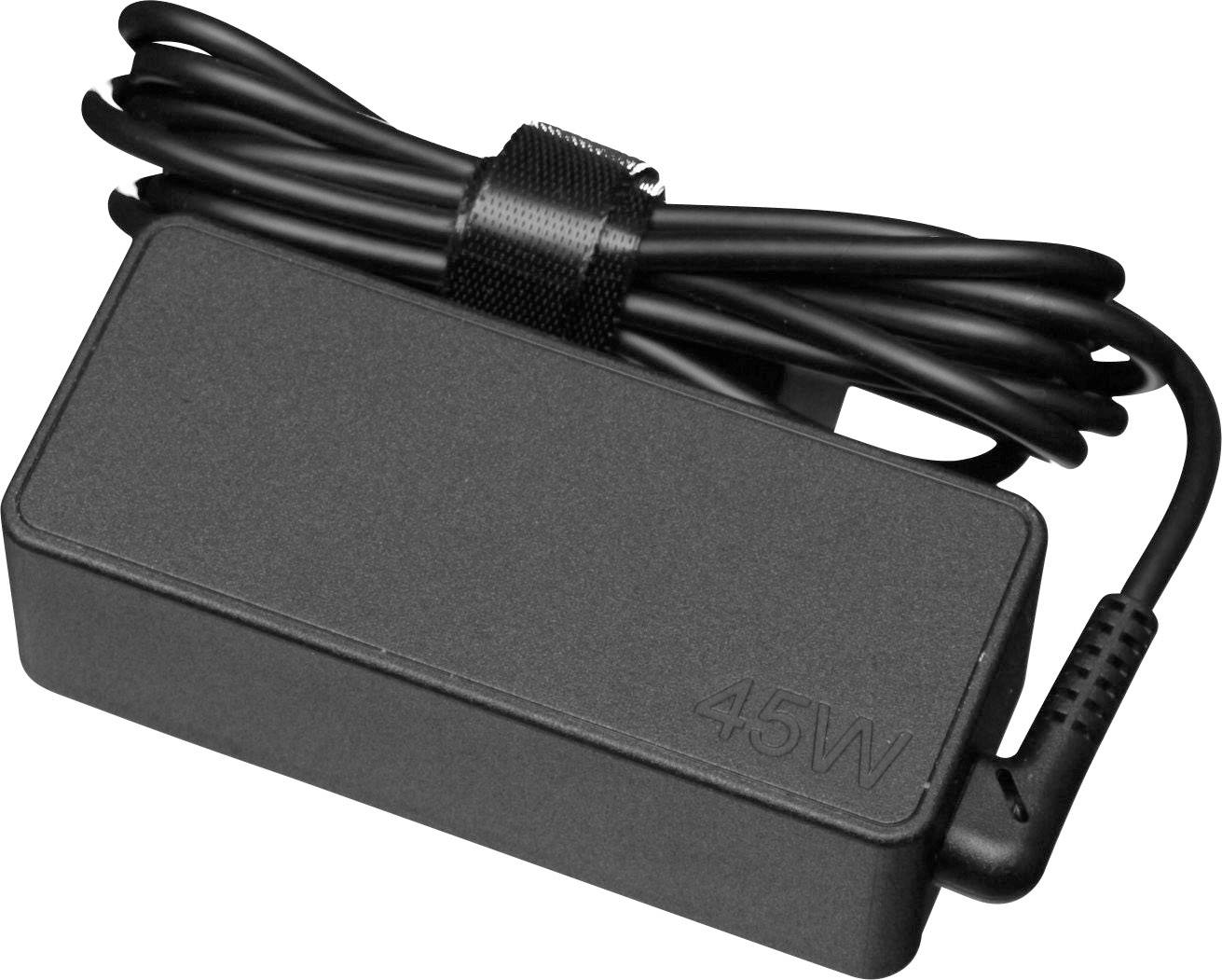 Ein schwarzes 45W-Netzteil mit aufgewickeltem Kabel, möglicherweise für einen Laptop oder ein kleines elektronisches Gerät.