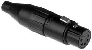 Ein schwarzer XLR-Stecker mit drei Löchern, verwendet zur Audioverbindung in technischen und musikalischen Anwendungen.