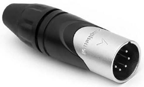 Ein XLR-Stecker in Schwarz und Silber, häufig verwendet für Audioverbindungen in professionellen Tontechnik-Anwendungen.
