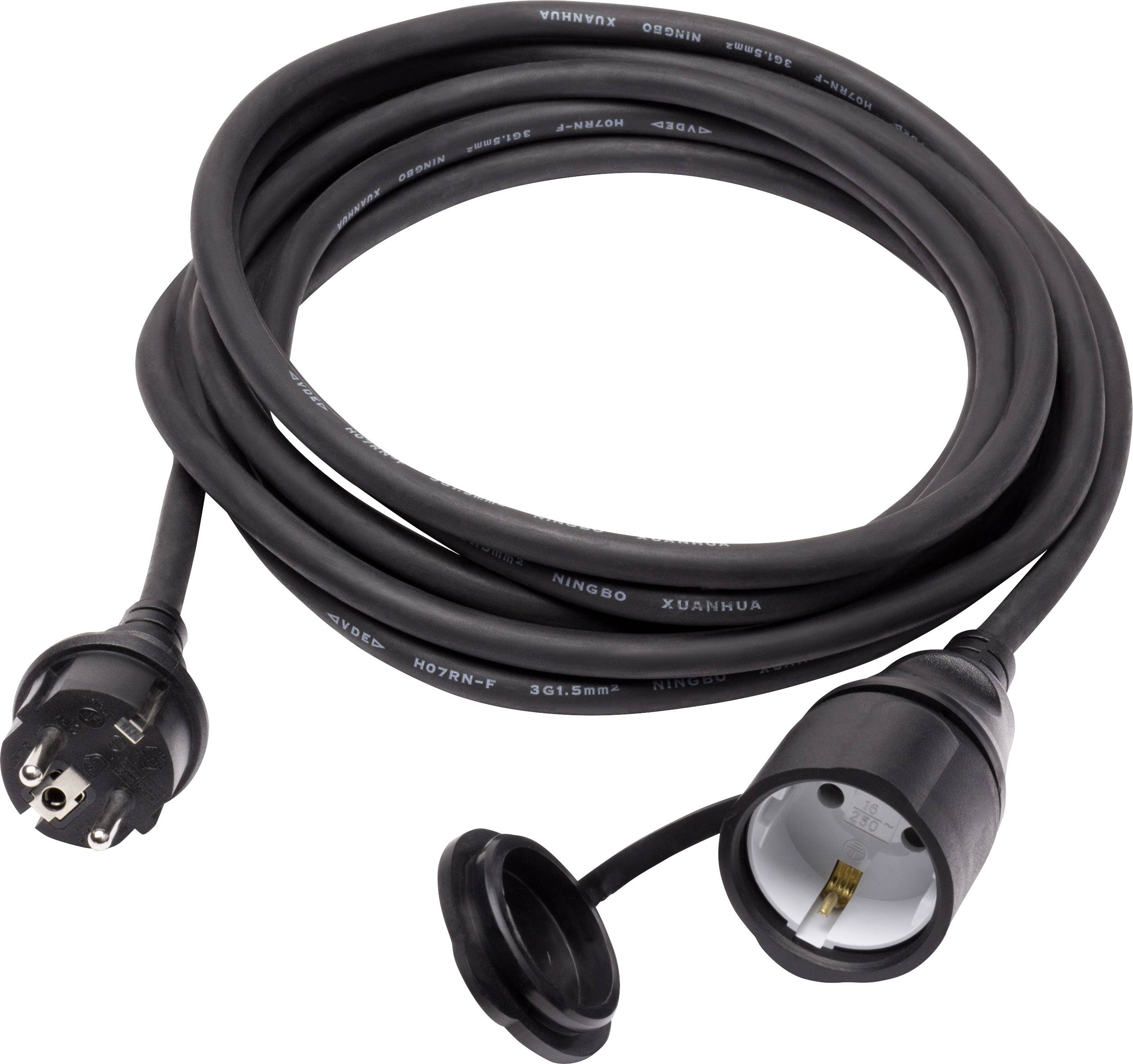 Schwarzes Verlängerungskabel mit einem Stecker und einer Buchse, geeignet für den Außenbereich, aufgerollte Darstellung.