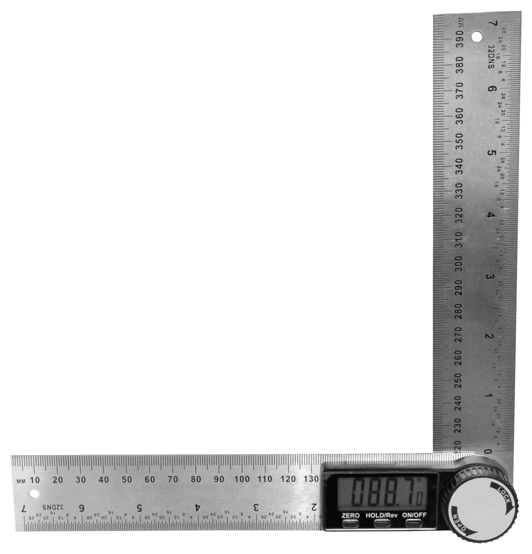 Elektronischer Winkelmesser aus Edelstahl mit digitaler Anzeige. Misst Winkel präzise. Zeigt 88,8 Grad auf dem Display an.