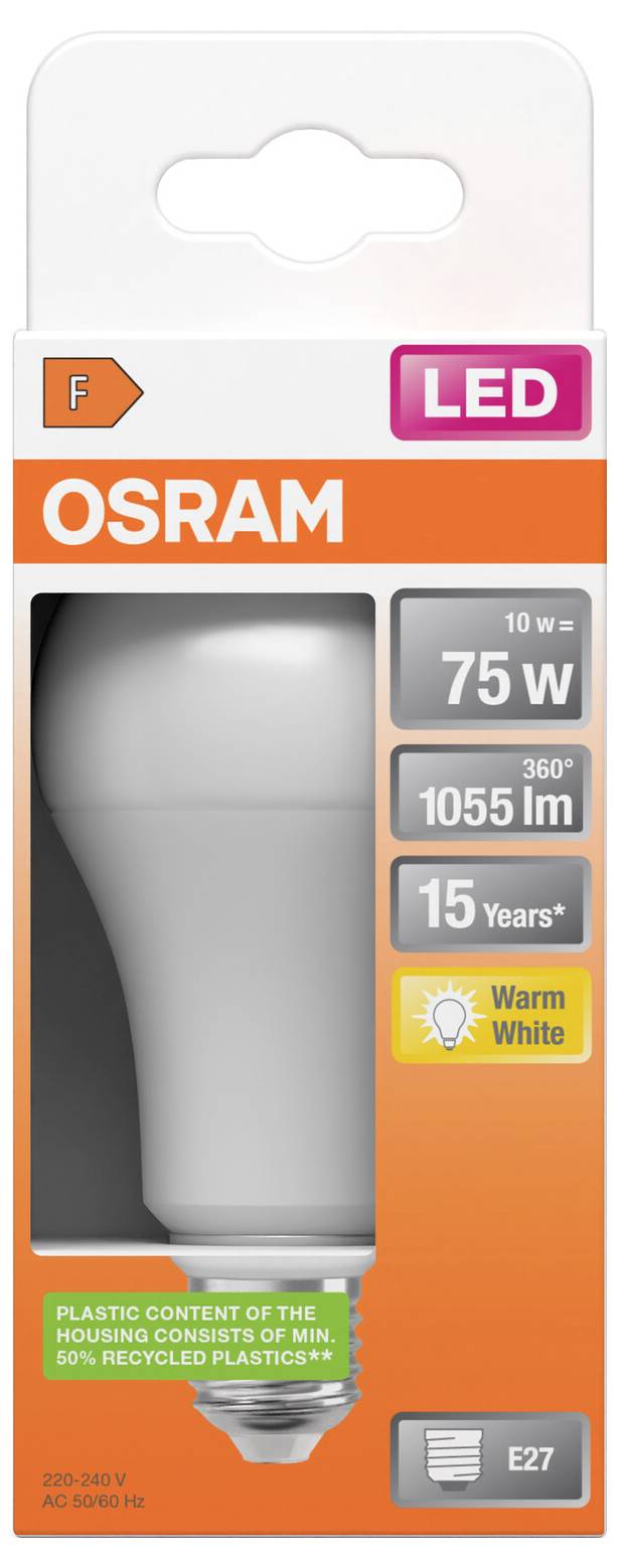 OSRAM LED-Glühbirne, 75W-Äquivalent, 1055 lm, Warmweiß, E27-Sockel, 15 Jahre Lebensdauer.