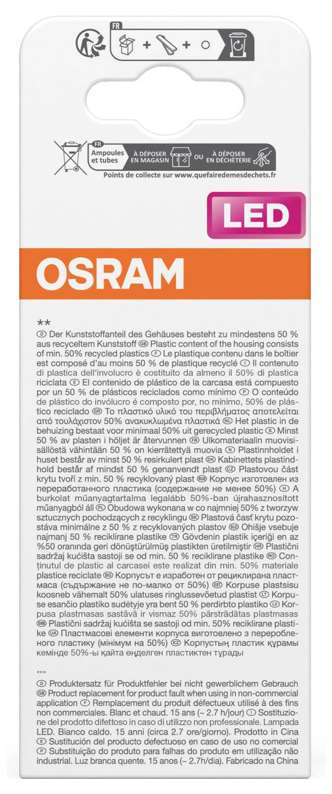 OSRAM LED-Glühbirne in einer Verpackung mit orangefarbigem Markenband, rosa „LED