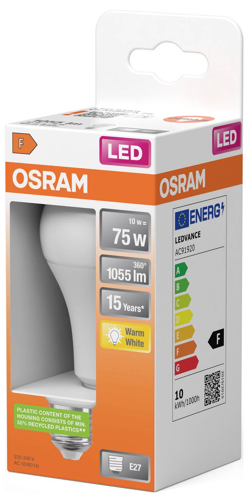 OSRAM LED-Glühbirnenpackung mit einer 75-W-Entsprechung Warmweiß-Glühbirne mit E27-Fassung und Energieeffizienzklasse F.