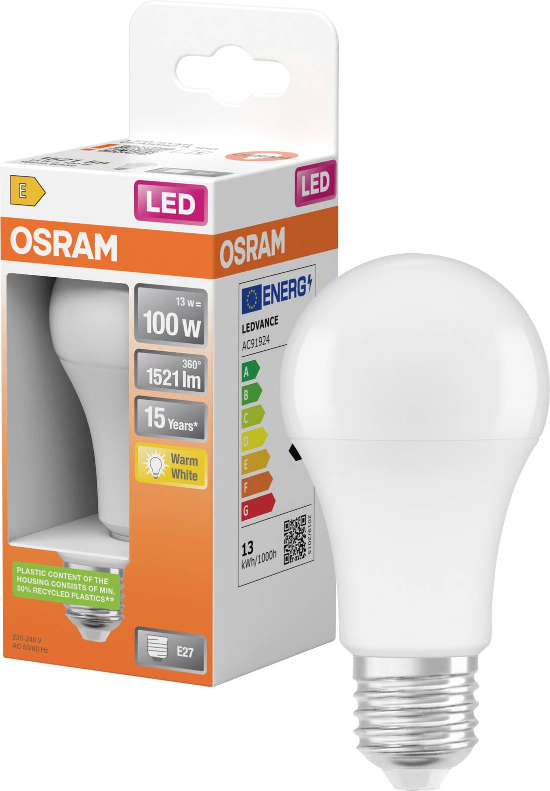 OSRAM LED-Glühbirne in Verpackung, gekennzeichnet mit 13 W, 100-W-Äquivalent, 1521 lm, warmweiß, E27-Sockel.