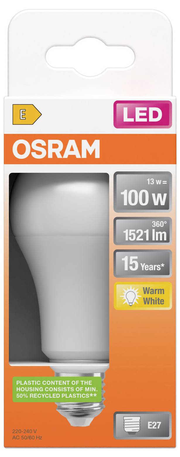 Verpackung für eine OSRAM LED-Glühbirne, gekennzeichnet mit 13 W = 100 W, 1521 lm, 360°, 15 Jahre, Warmweiß, E27-Sockel.