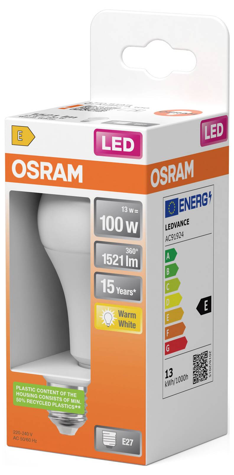 OSRAM LED-Glühbirnenverpackung mit einer 100-W-Entsprechung, 1521 lm, warmweißer Glühbirne mit E27-Sockel und Energieeffizienzlabel.