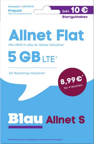 Blau.de Allnet S Startpaket Prepaid-Karte ohne Vertragsbindung