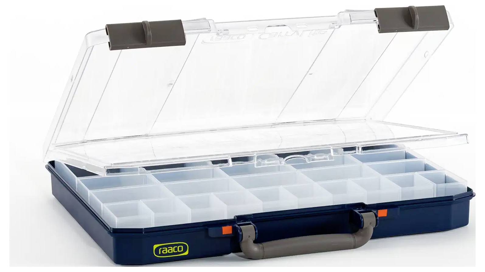 An empty, transparent plastic compartment box with a gray handle and blue base, designed for organizing small items or tools.