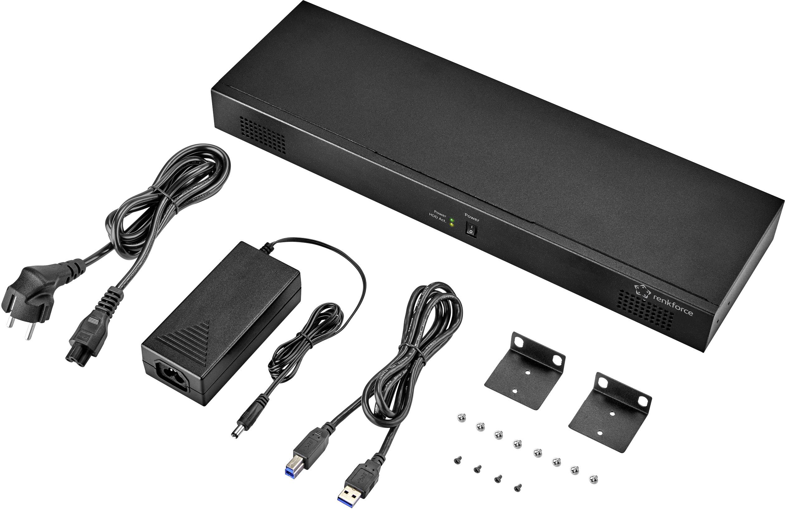 Schwarzer Netzwerk- oder Geräteswitch mit Netzteil und Kabeln. Enthält Montagewinkel und Schrauben.