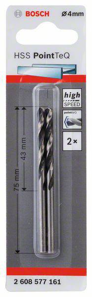 Verpackung eines Bosch HSS PointTeQ Bohrers Ø4mm, 2 Stück, für hohe Geschwindigkeit, 75mm Länge, 43mm Bohrtiefe.