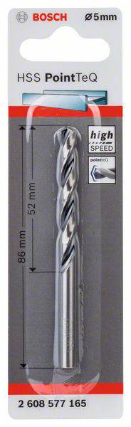 Bosch 5mm HSS PointTeQ Bohrer, 86 mm Länge, für Hochgeschwindigkeit, Produktverpackung zeigt Bohrer mit Etikett und Maßangaben.