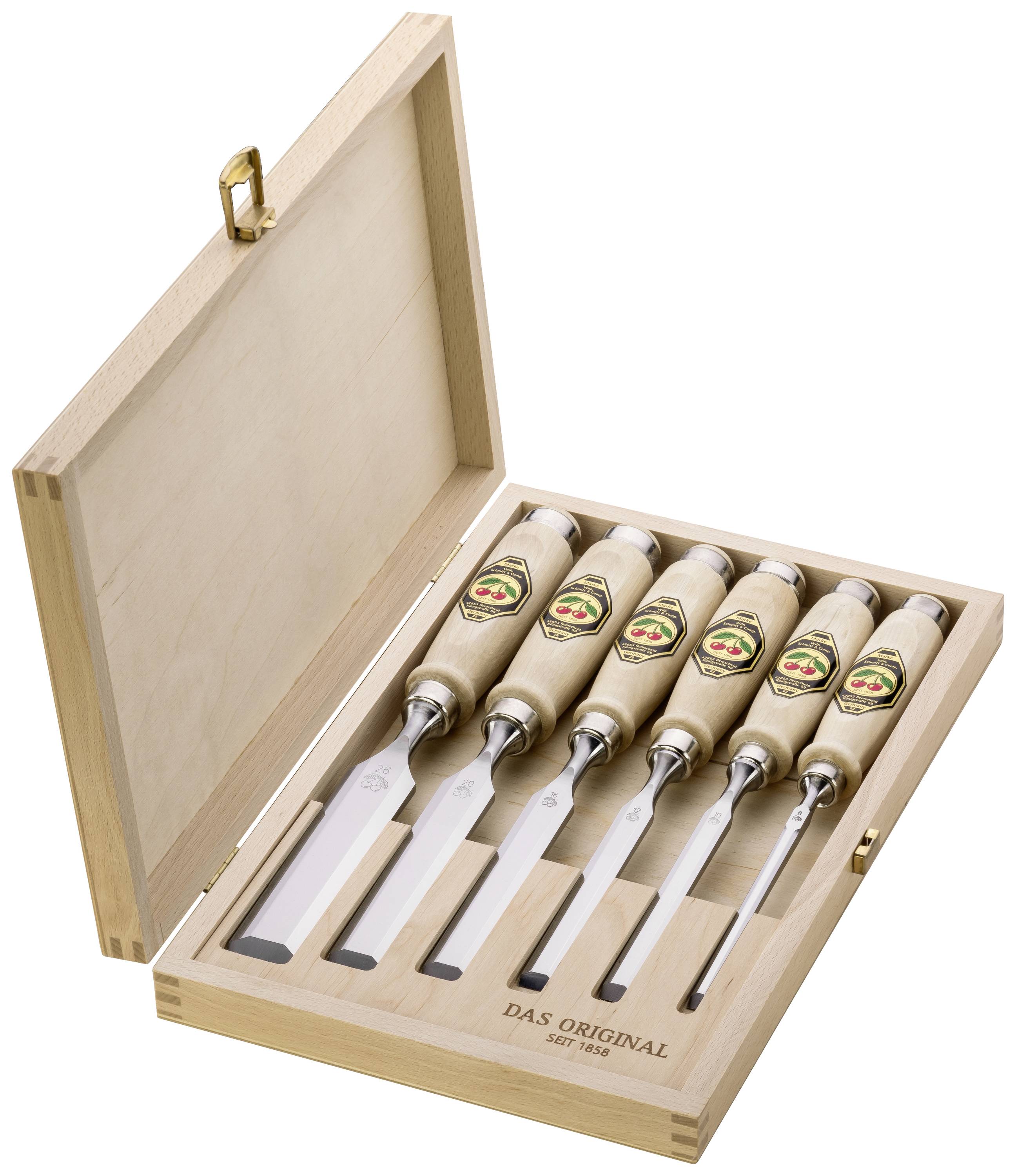 Stechbeitelsatz 6,10,12,16,20,26mm Weißbuchenh.Ulmer Form HO-Kasten