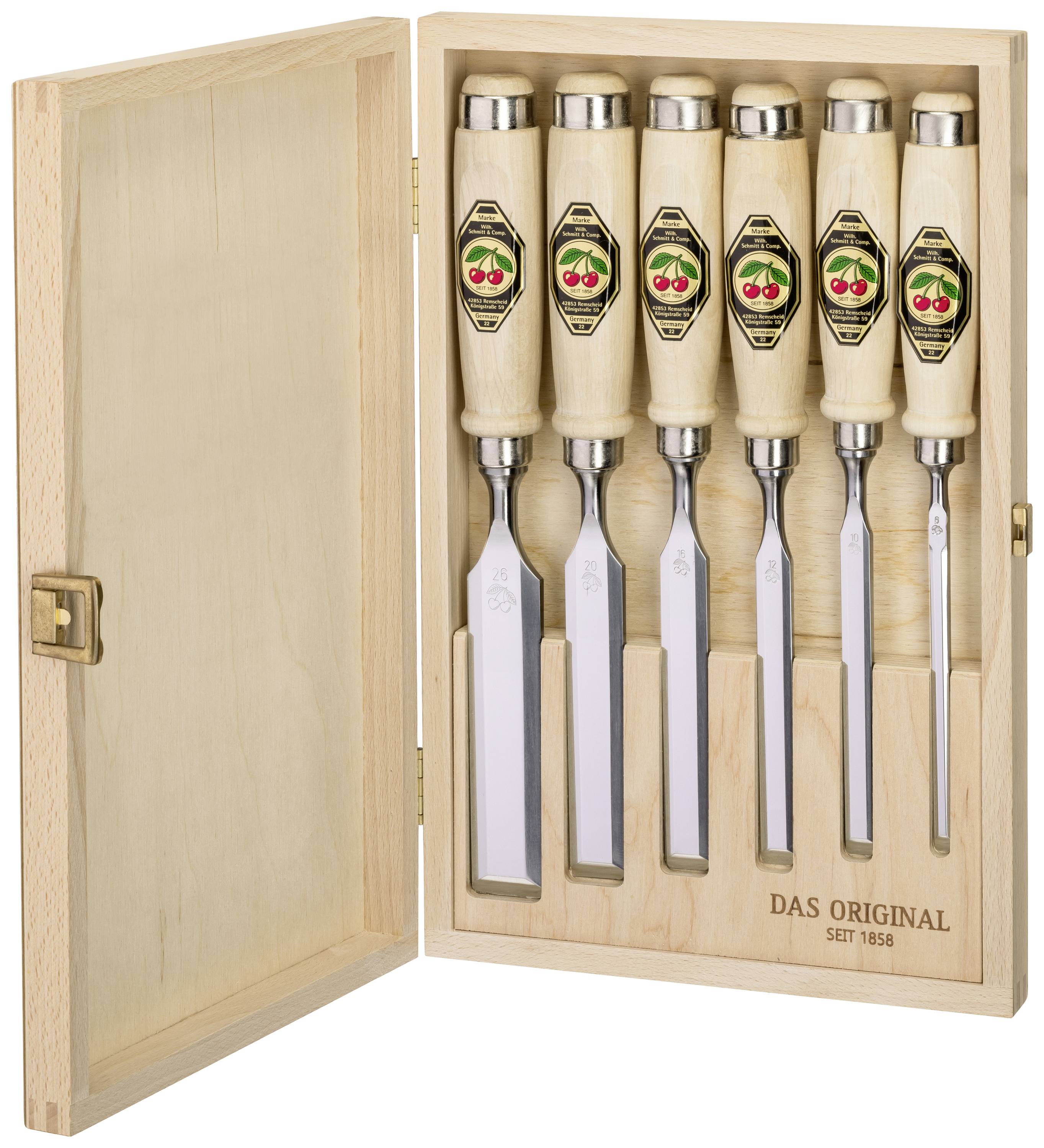 Stechbeitelsatz 6,10,12,16,20,26mm Weißbuchenh.Ulmer Form HO-Kasten