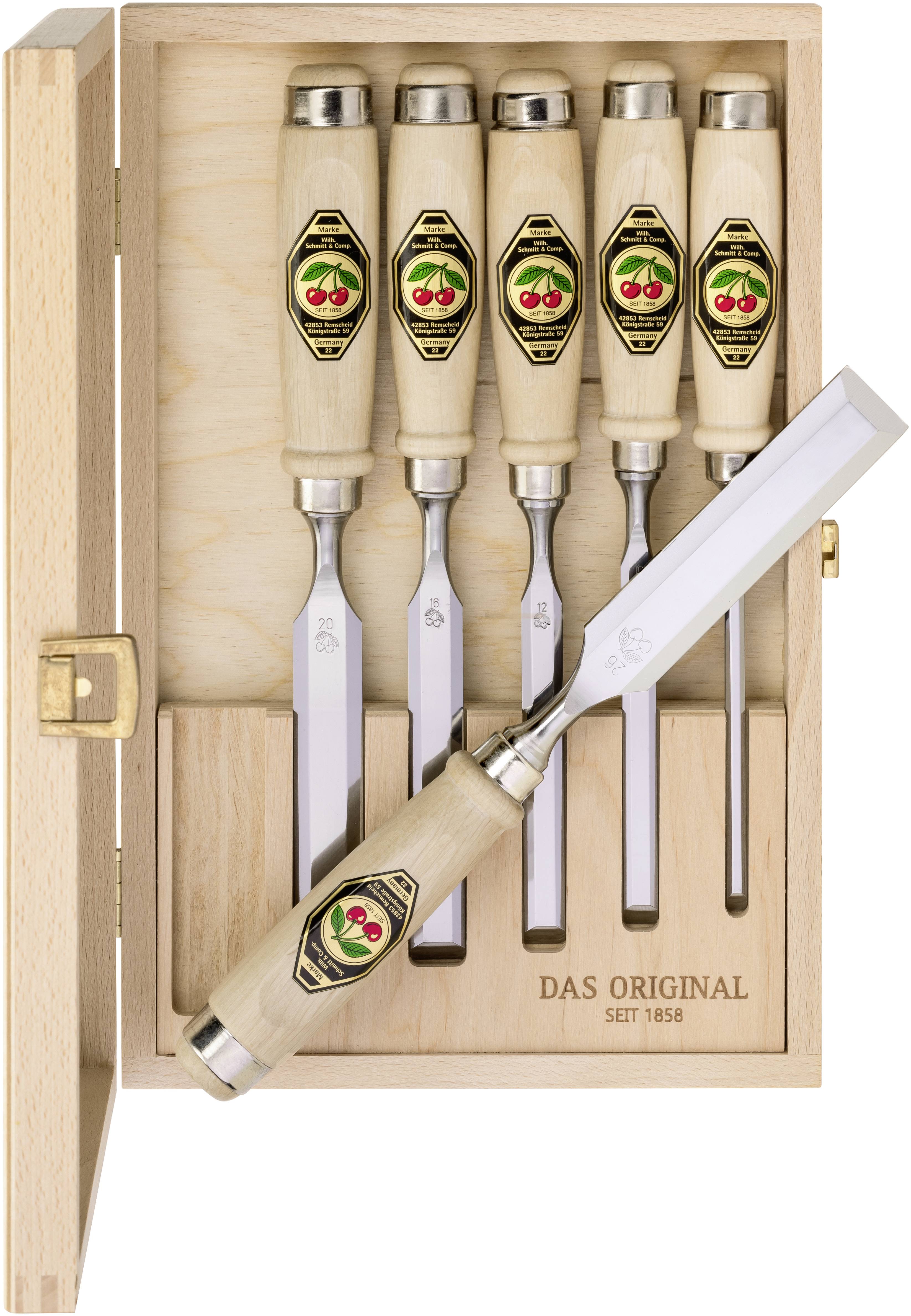 Stechbeitelsatz 6,10,12,16,20,26mm Weißbuchenh.Ulmer Form HO-Kasten
