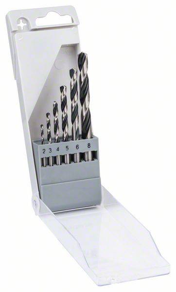 Bohrer-Set mit sechs Spiralbohrern in verschiedenen Größen von 2 bis 8 mm, in einer offenen Kunststoffverpackung aufgestellt.