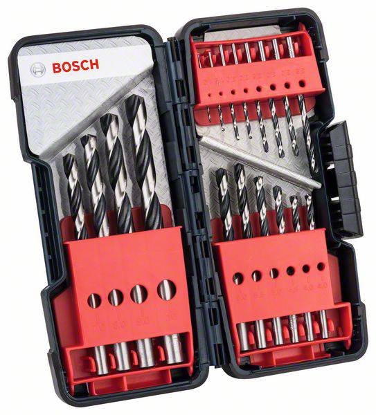 Ein geöffnetes Bohrer-Set mit verschiedenen Metallbohrern in einer schwarzen Kunststoffbox mit rotem Halter. Markierung: 'Bosch'.