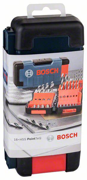 BOSCH 18-teiliges HSS PointTeQ Bohrer-Set in Kunststoffbox, abgebildet auf Produktverpackung mit geöffnetem Set und markanten Logos.