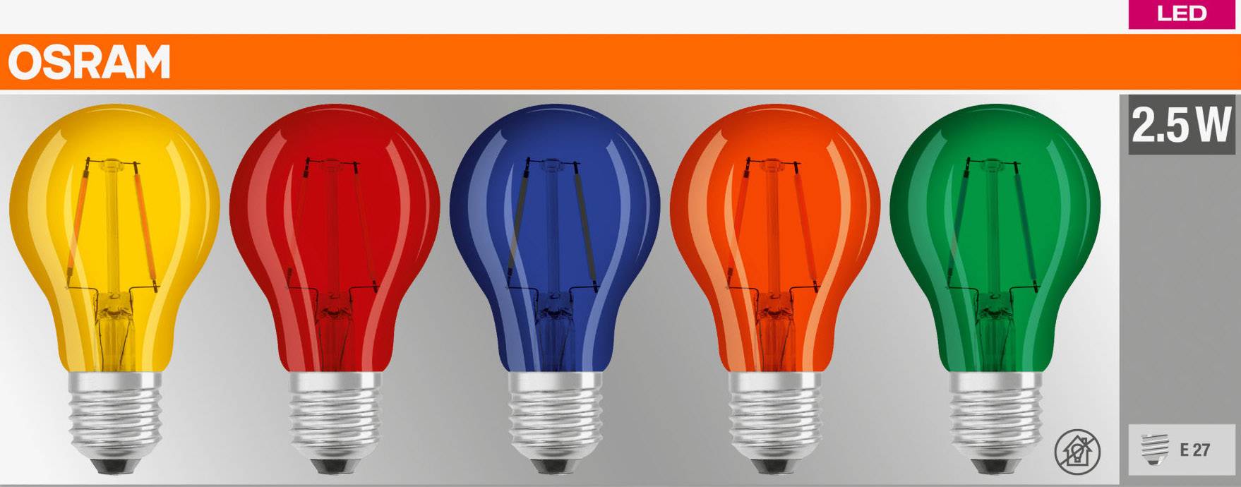 Fünf bunte LED-Glühbirnen (gelb, rot, blau, grün) von der Marke OSRAM mit 2,5 Watt auf einer Verpackung dargestellt.