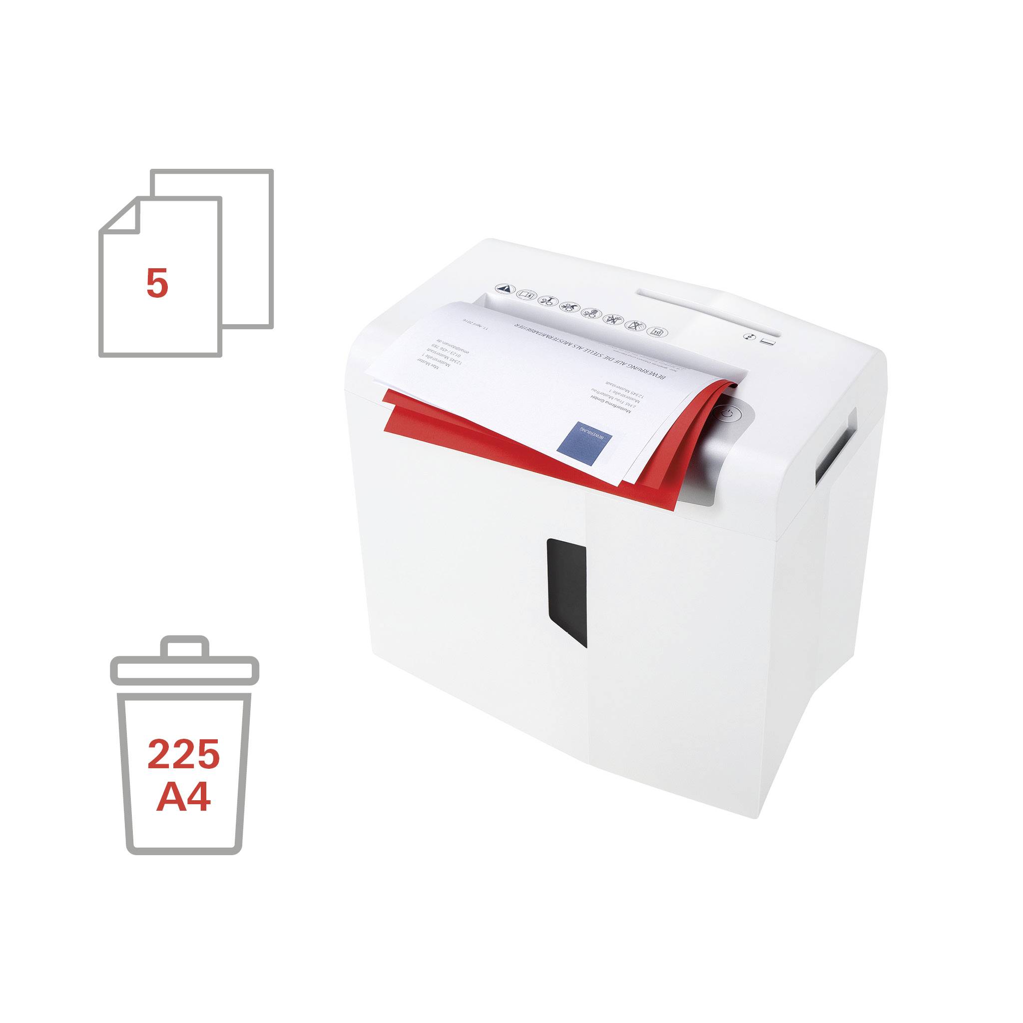 Ein weißer Aktenvernichter verarbeitet mehrere Blätter Papier. Symbole zeigen, dass er 5 Blätter gleichzeitig und 225 A4-Blätter insgesamt zerkleinern kann.