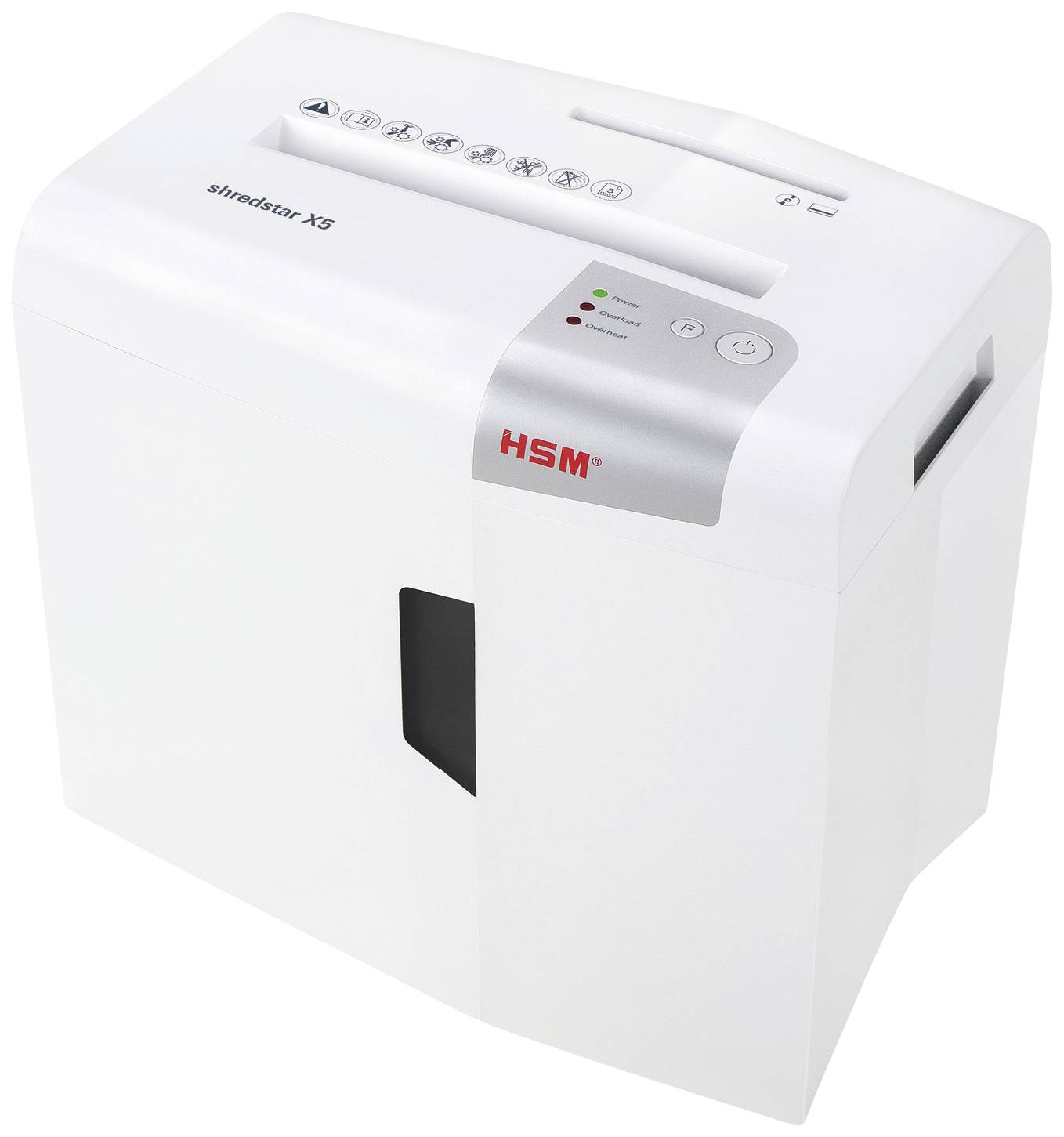 Ein Aktenvernichter in Weiß, Marke HSM shredstar X5, mit Bedienelementen oben und einem Sichtfenster für den Füllstand auf der Vorderseite.