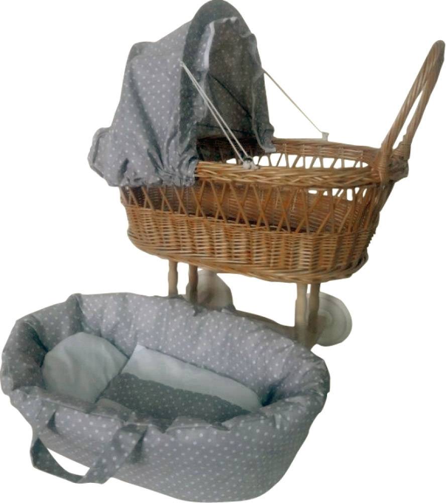 Puppen-Korbwagen mit Garnitur, grau/weiß Punkte E-791/P