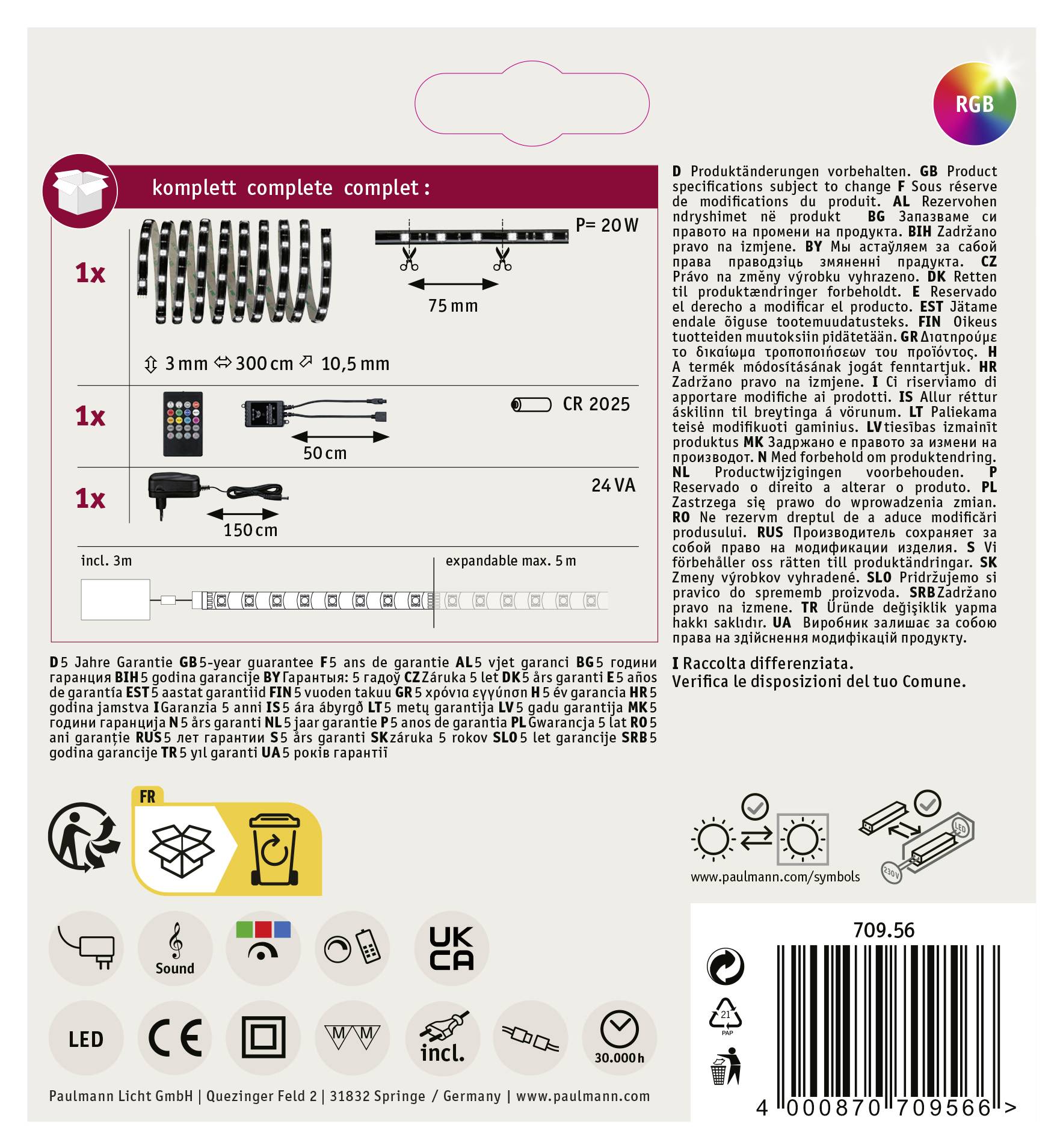 Rückseite einer Produktverpackung mit Abbildungen und Text zu Inhalt und Spezifikationen: LED-Streifen, Netzteil, Fernbedienung.