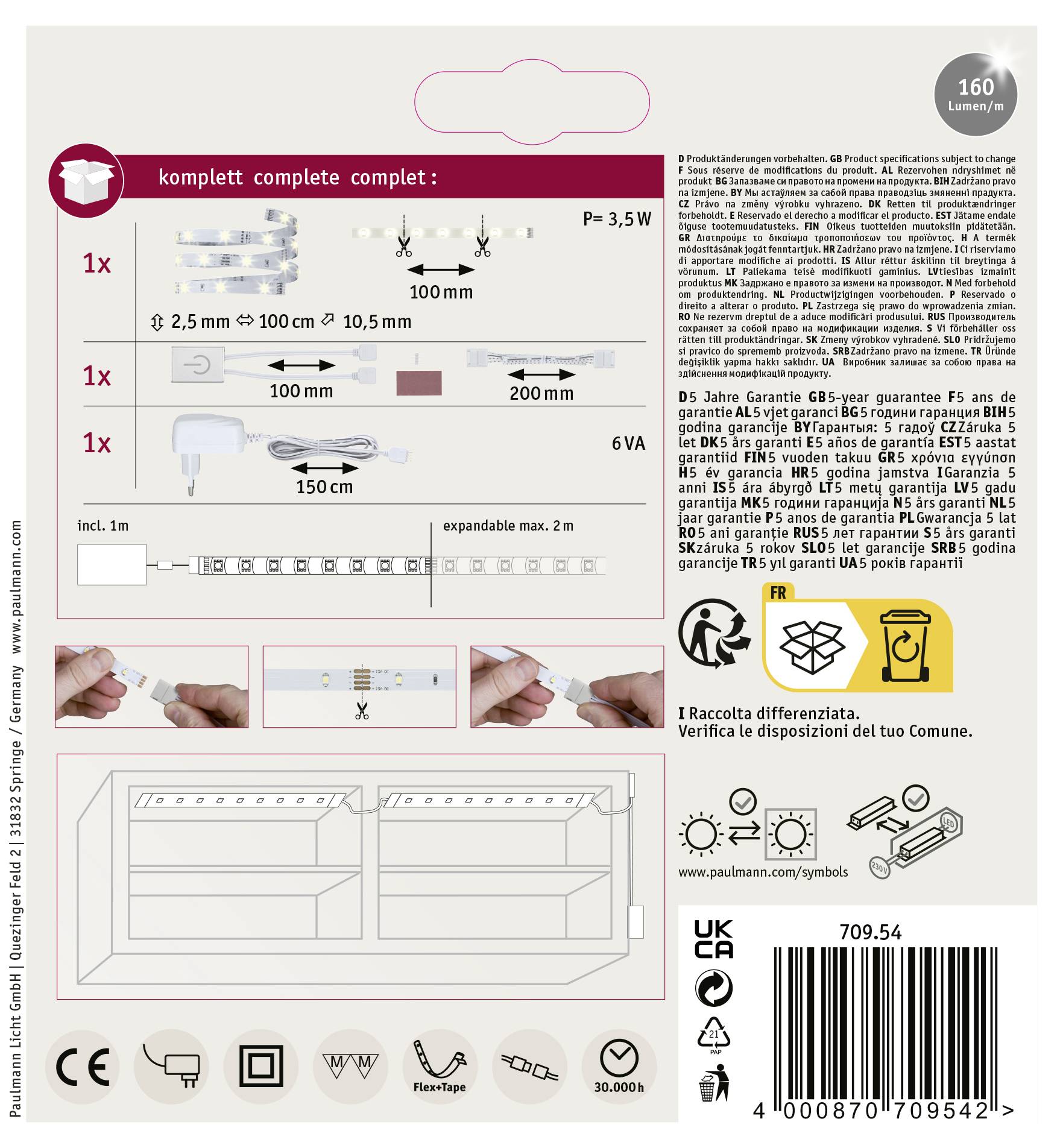Paulmann YourLED ECO Comfort 70954 LED-Streifen-Komplettset mit Stecker 12V 1m Warmweiß 1St.