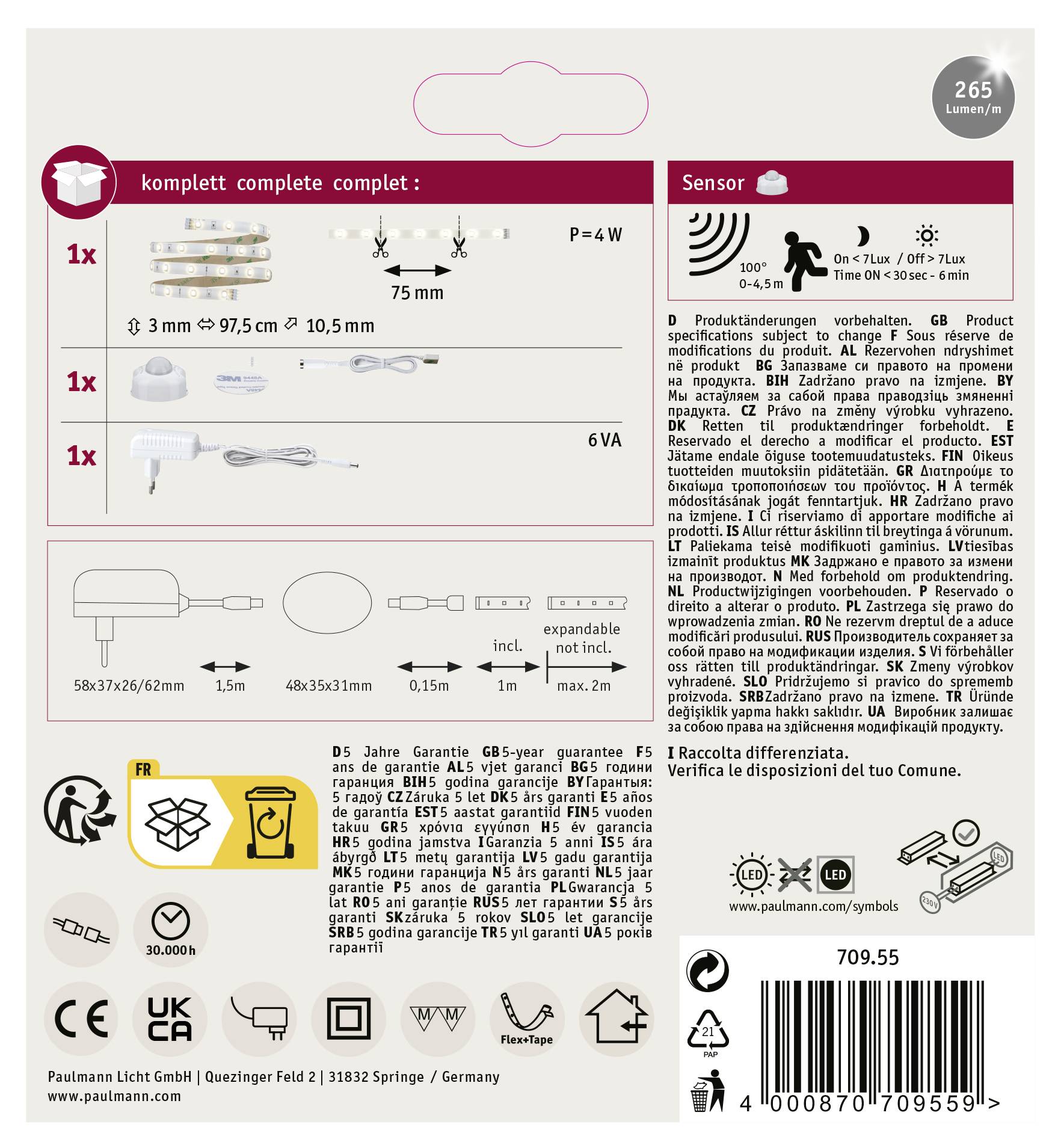 Verpackung einer LED-Leuchte mit Sensor, zeigt Abmessungen, Leistung (4W), Lumen (265), und Symbole für Funktionen und Zertifizierungen.
