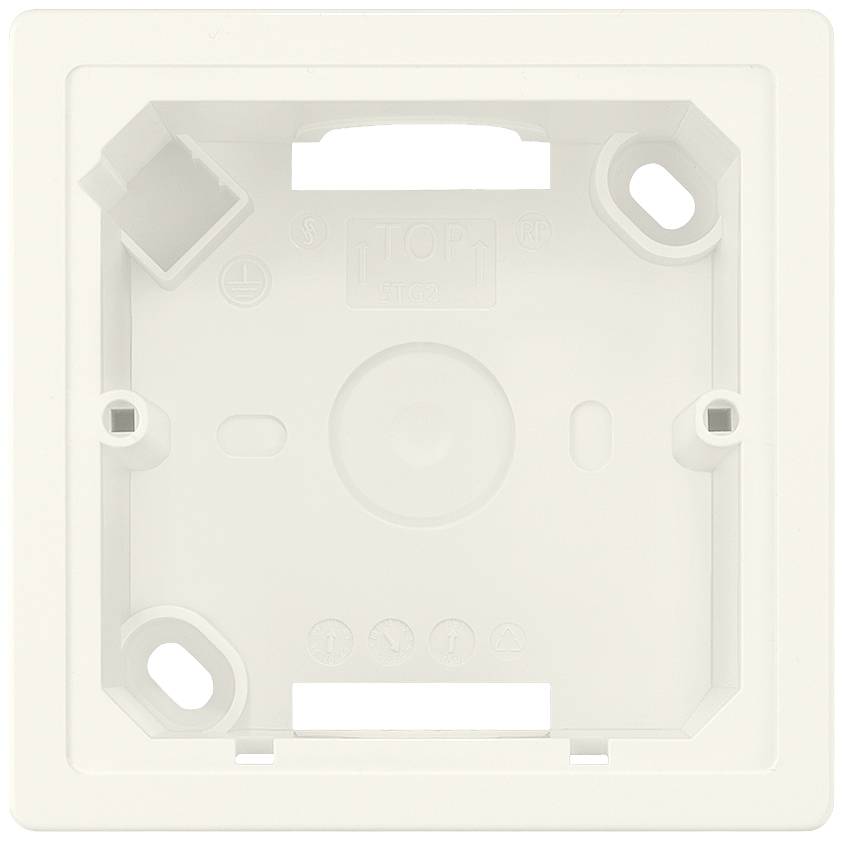 Weiße Unterputzdose für Schalterinstallation mit vier Schraublöchern und Markierungen für Kabelanschluss.